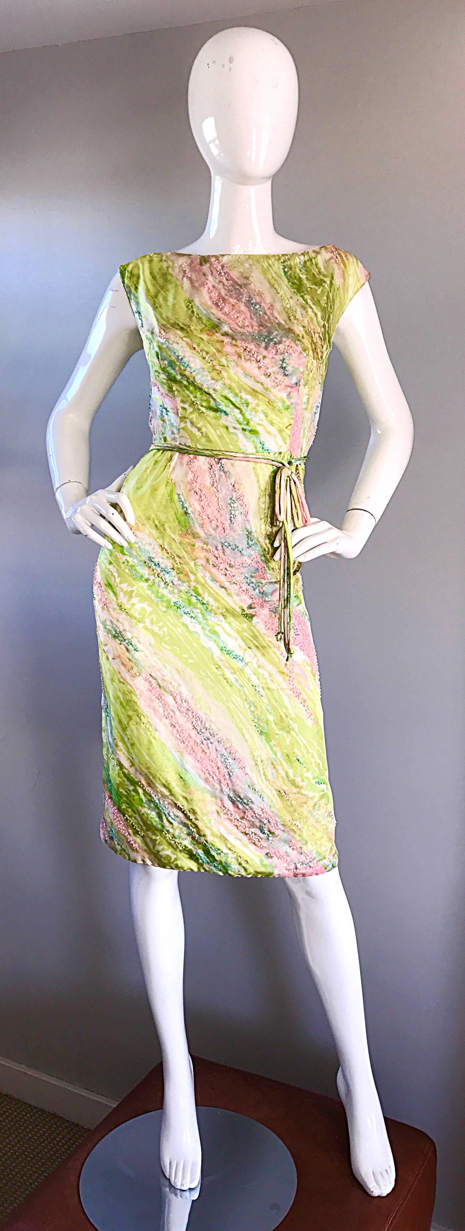 1950er Saks Fifth Avenue Aquarell Demi Couture Vintage 50er Jahre Kleid aus Seide mit Perlen im Angebot 4