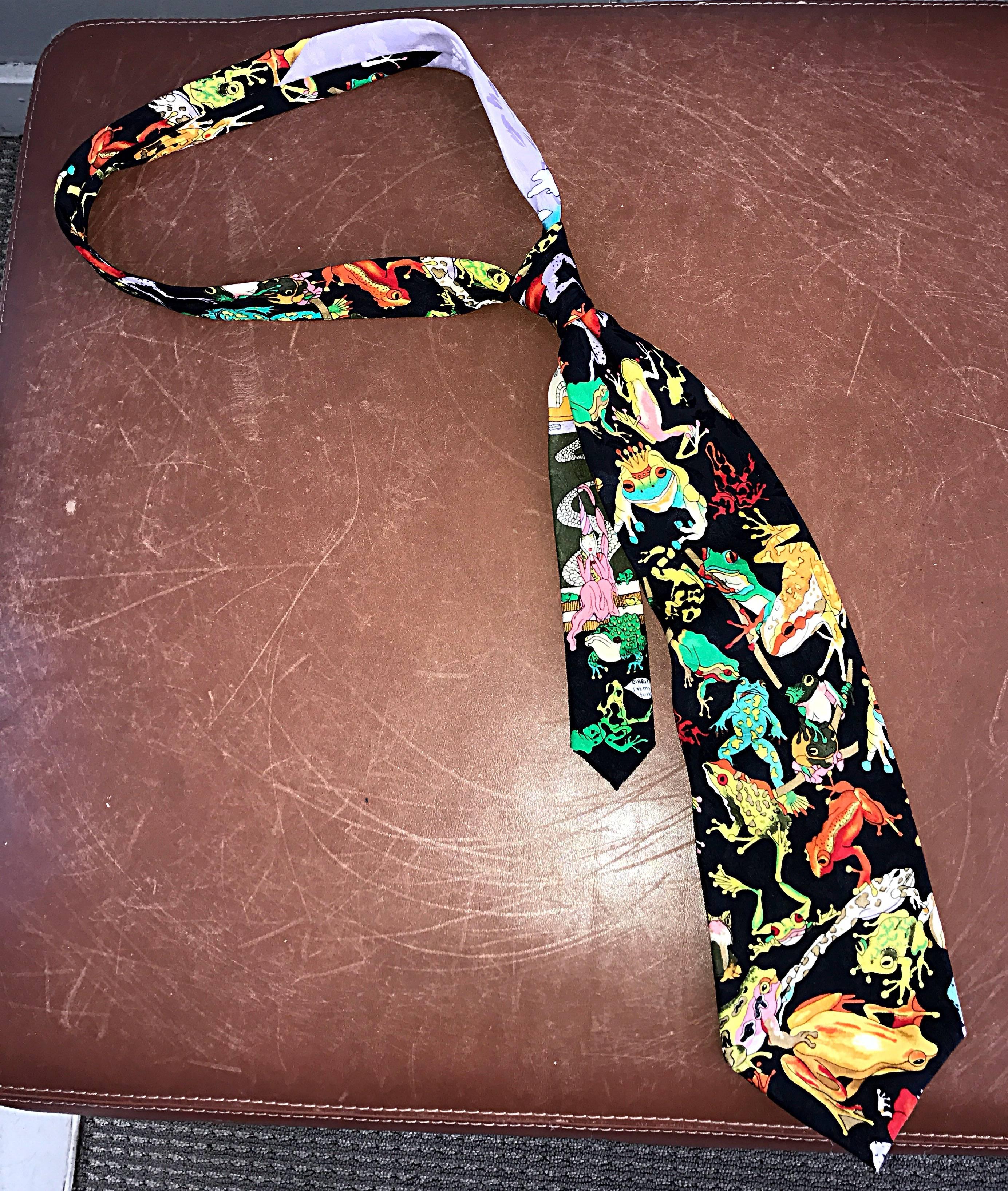 Extremely rare vintage 1992 NICOLE MILLER early 90s silk limited edition neck tie! Features novelty frogs printed thorughout. Some frogs have crowns! Black silk background, with green, orange, yellow, blue and purple frogs throughout. Only 100 of