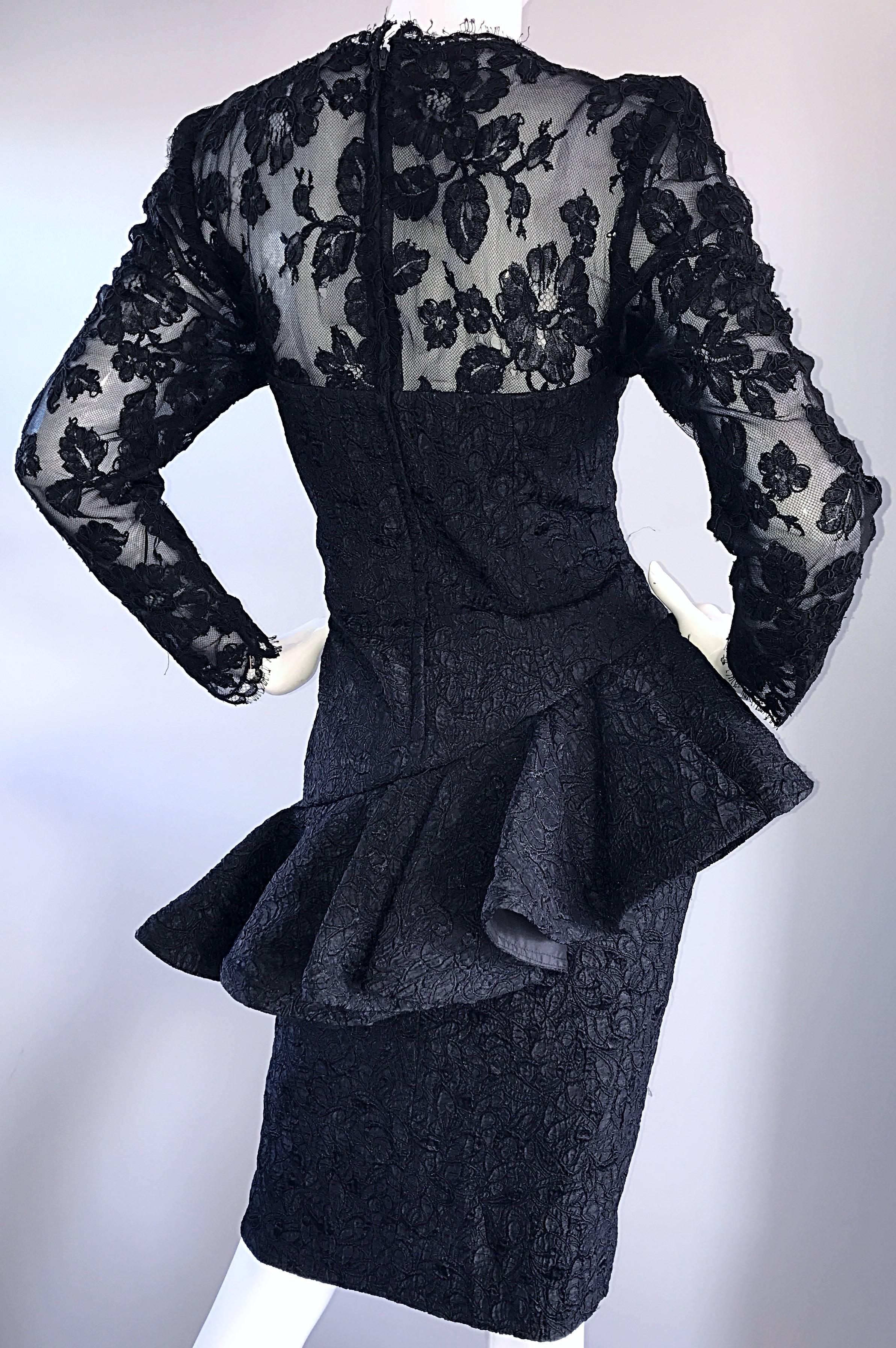 1990s Liancarlo Couture Vintage Avant Garde Black Lace Peplum 90s Cocktail Dress In Excellent Condition For Sale In San Diego, CA