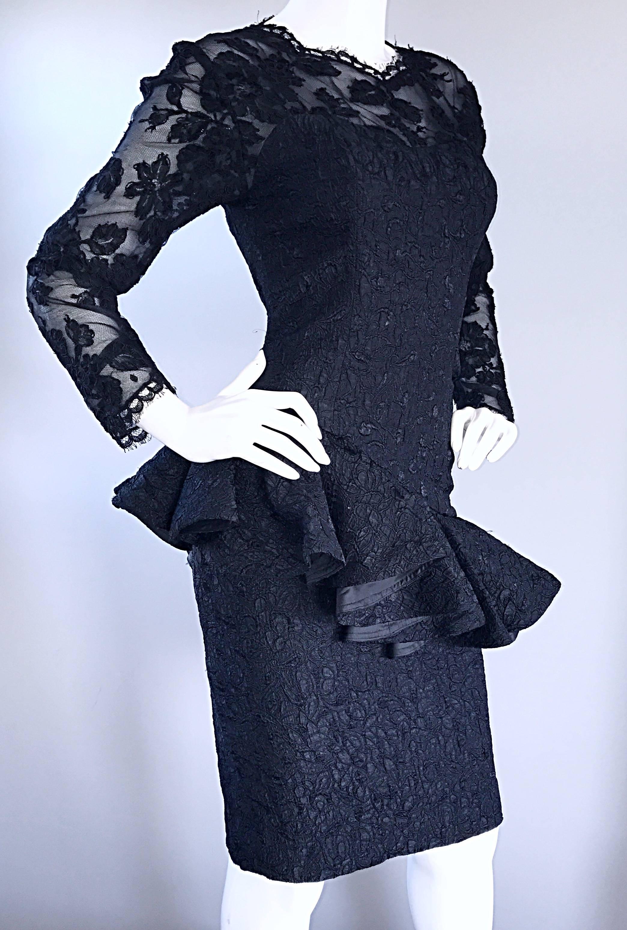 1990s Liancarlo Couture Vintage Avant Garde Black Lace Peplum 90s Cocktail Dress For Sale 1