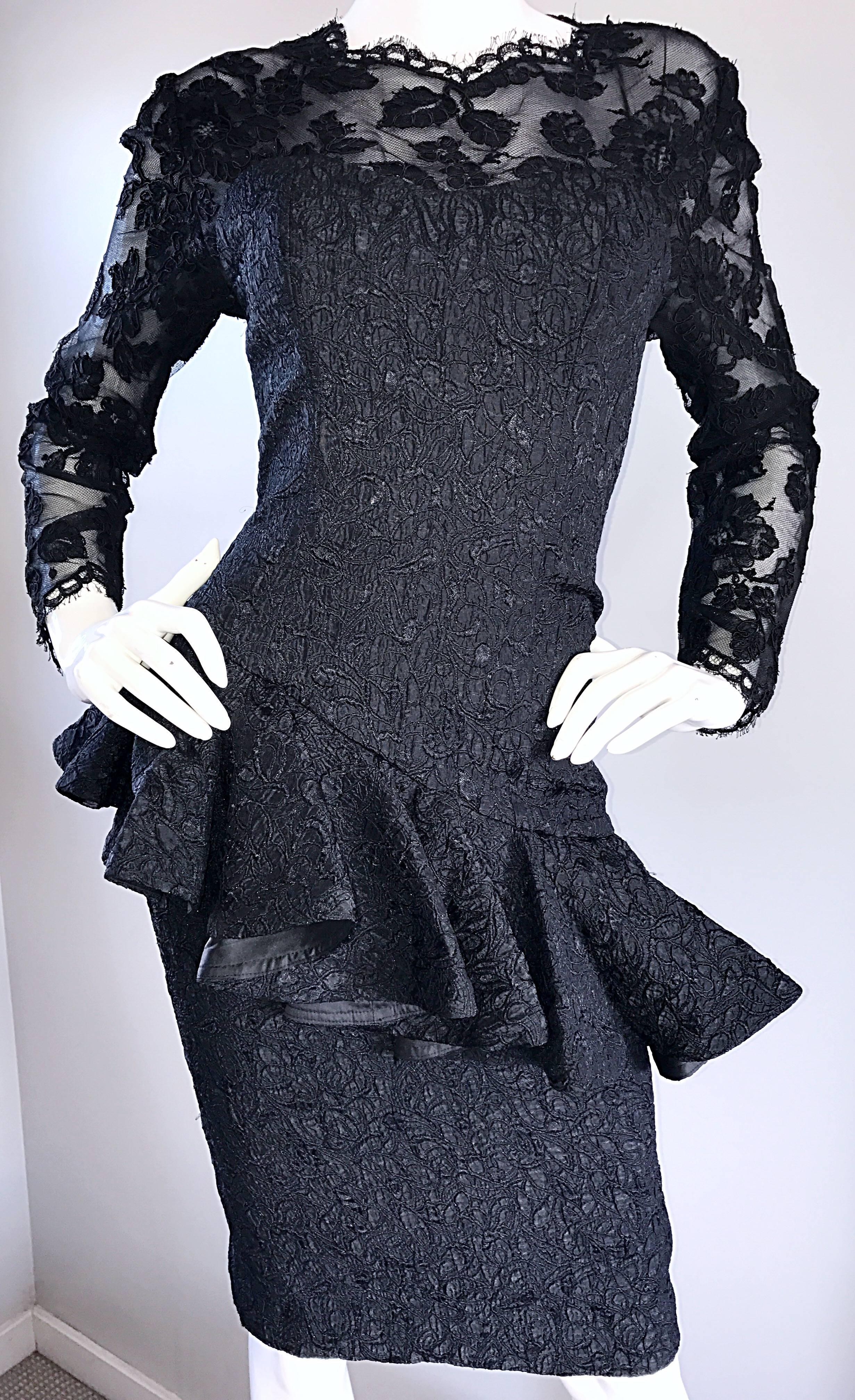 Women's 1990s Liancarlo Couture Vintage Avant Garde Black Lace Peplum 90s Cocktail Dress For Sale