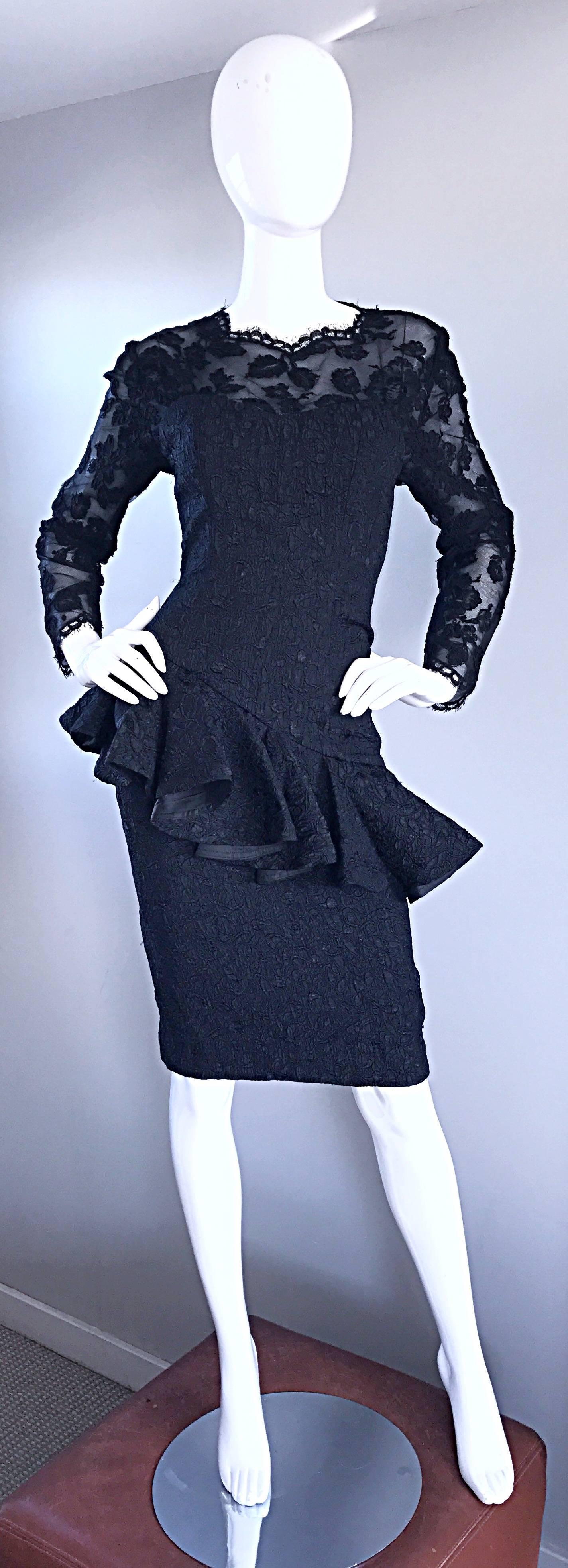 1990s Liancarlo Couture Vintage Avant Garde Black Lace Peplum 90s Cocktail Dress For Sale 2