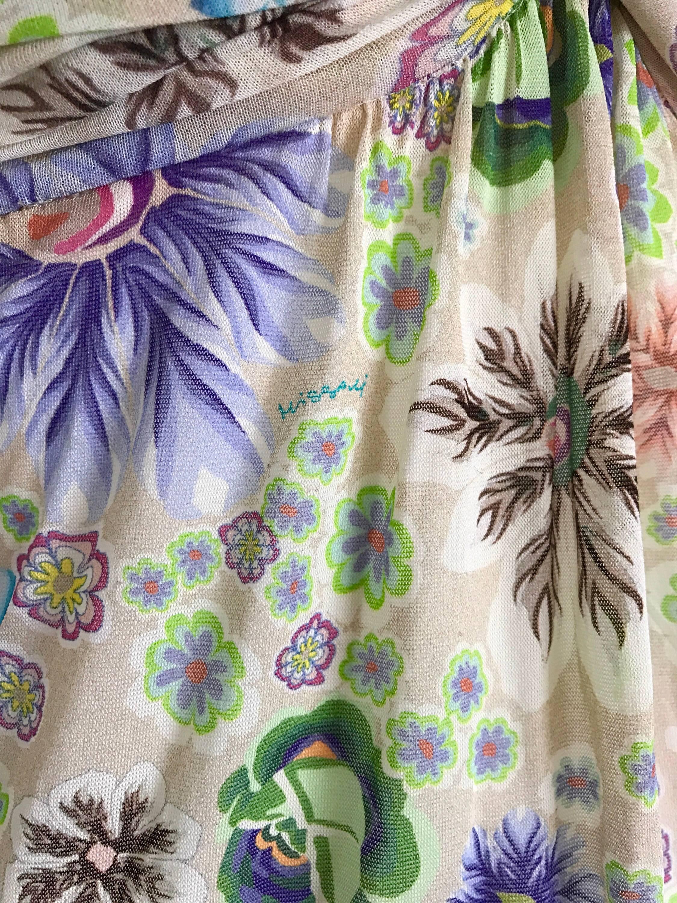 Beige Missoni - Chemise taille empire en jersey de soie et rayonne avec fleurs et logo, années 1990 en vente