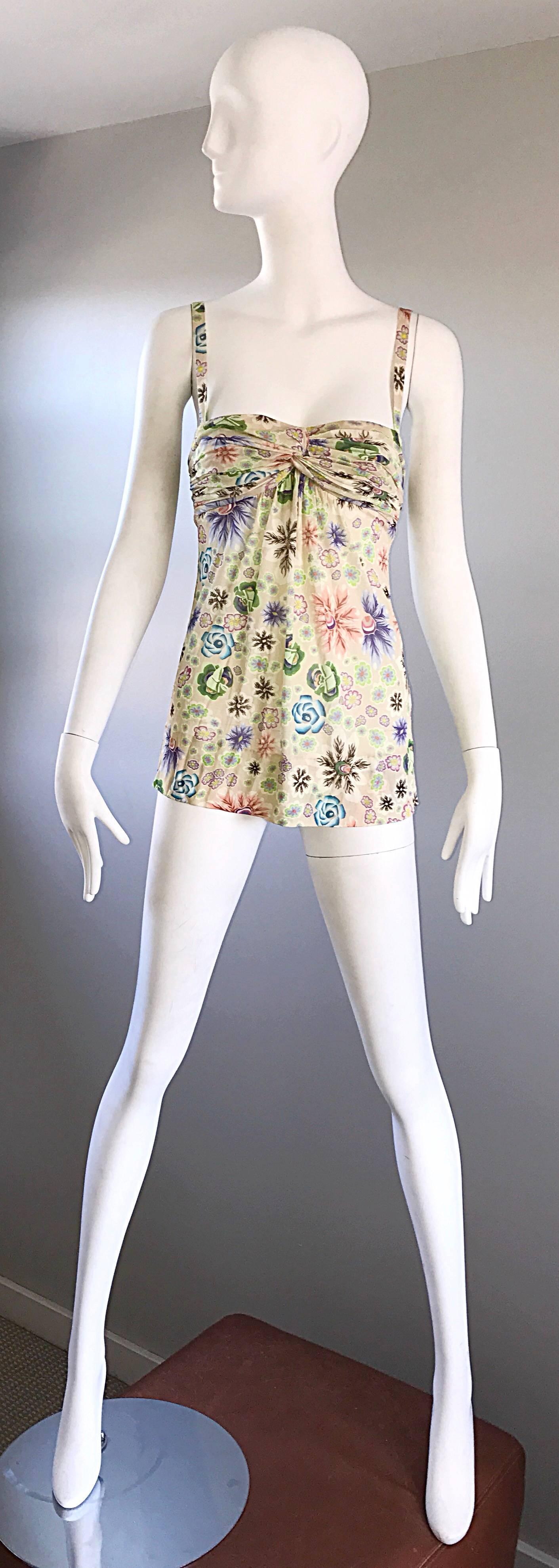 Missoni - Chemise taille empire en jersey de soie et rayonne avec fleurs et logo, années 1990 en vente 2