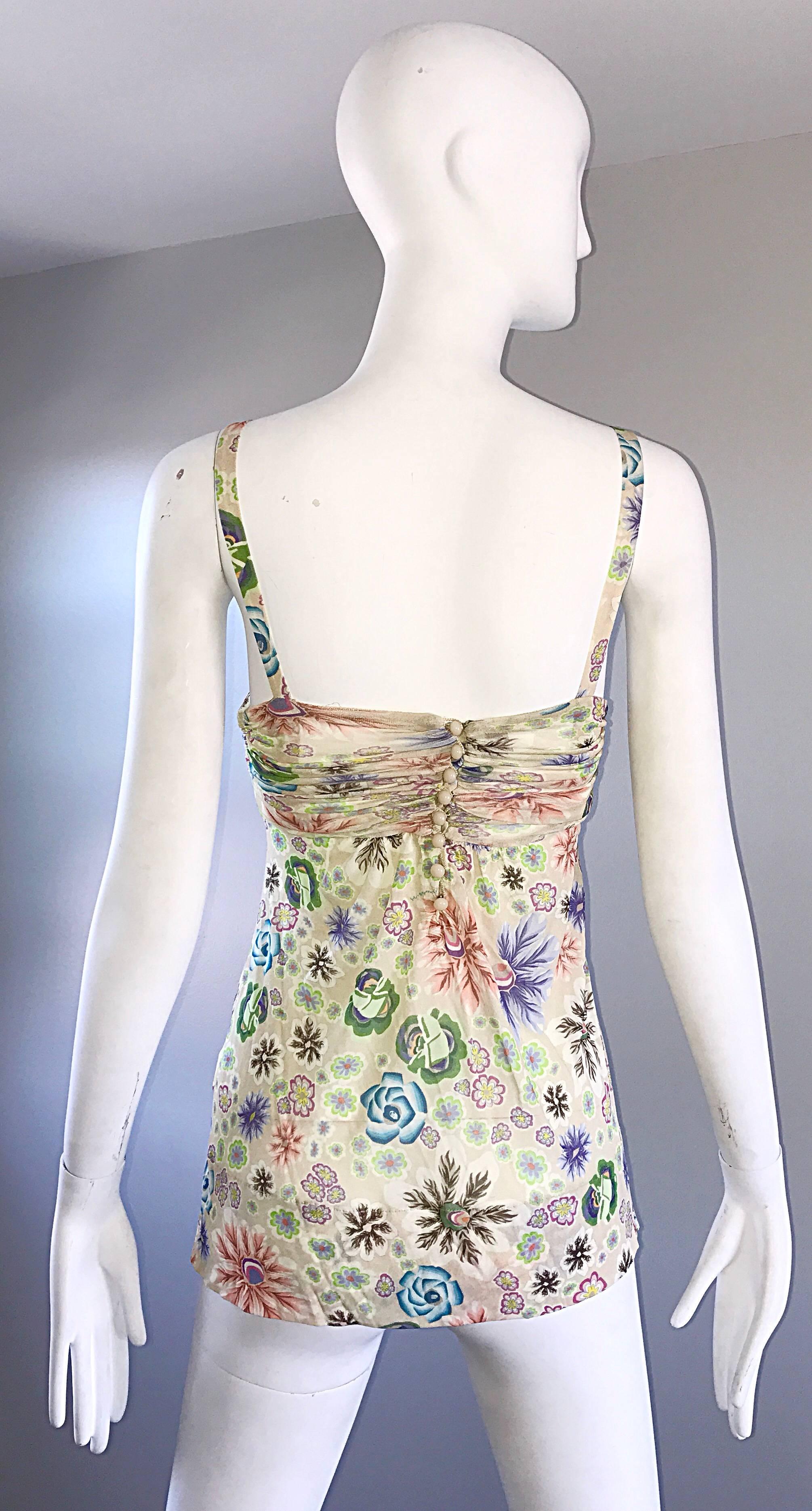 Women's 1990s Missoni Vintage Flower + Logo Silk Rayon Jersey 90s Empire Waist Top Shirt For Sale