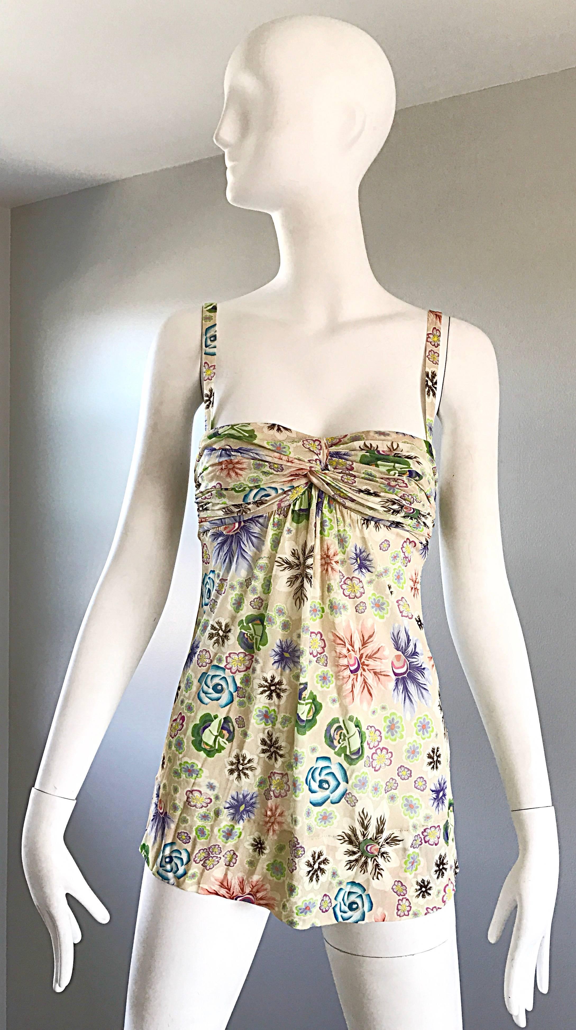 Missoni - Chemise taille empire en jersey de soie et rayonne avec fleurs et logo, années 1990 en vente 4