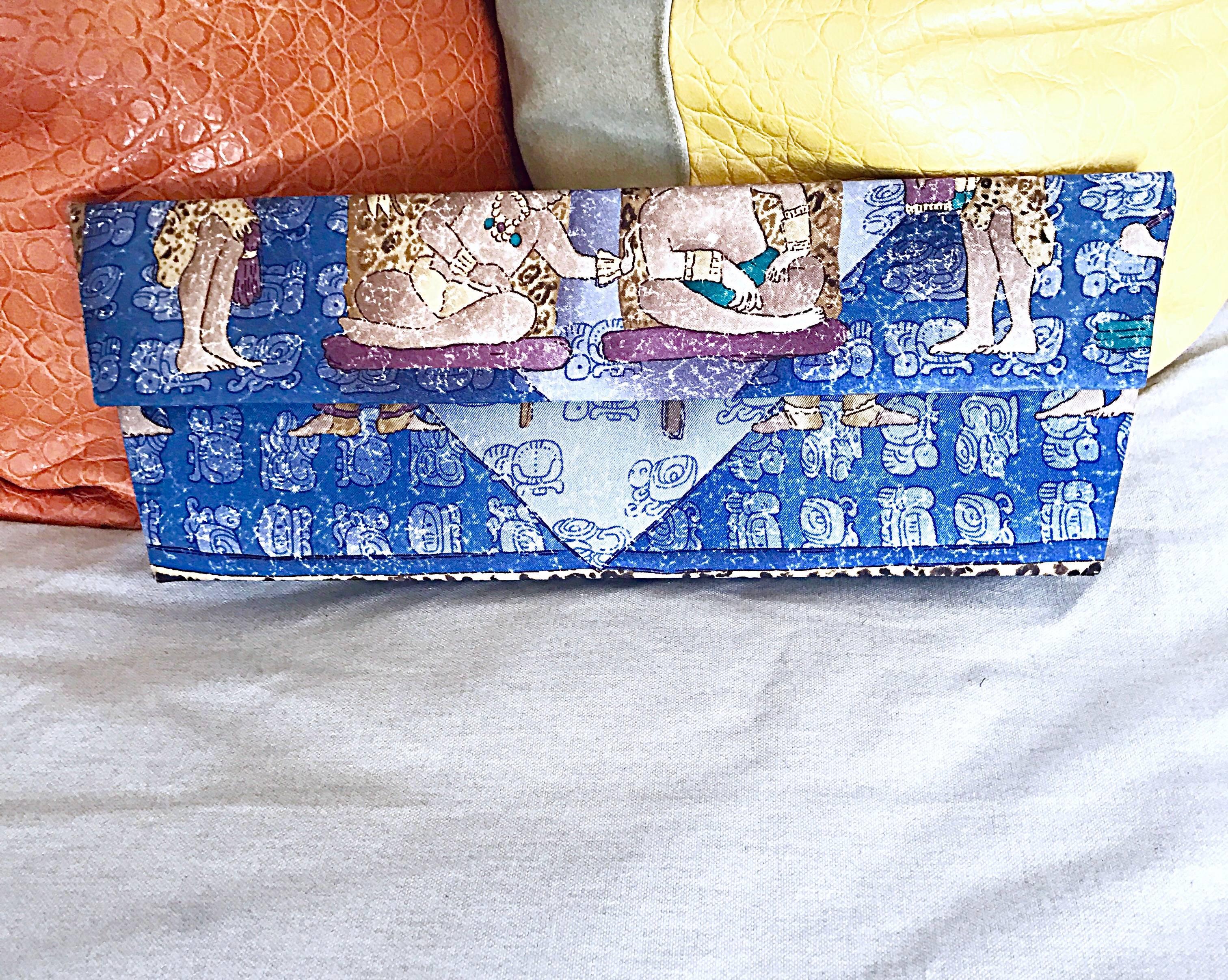 Vintage Pineda Covalin Blue Silk Aztec Mexican Asymmetrical Avant Garde Clutch In Excellent Condition In San Diego, CA