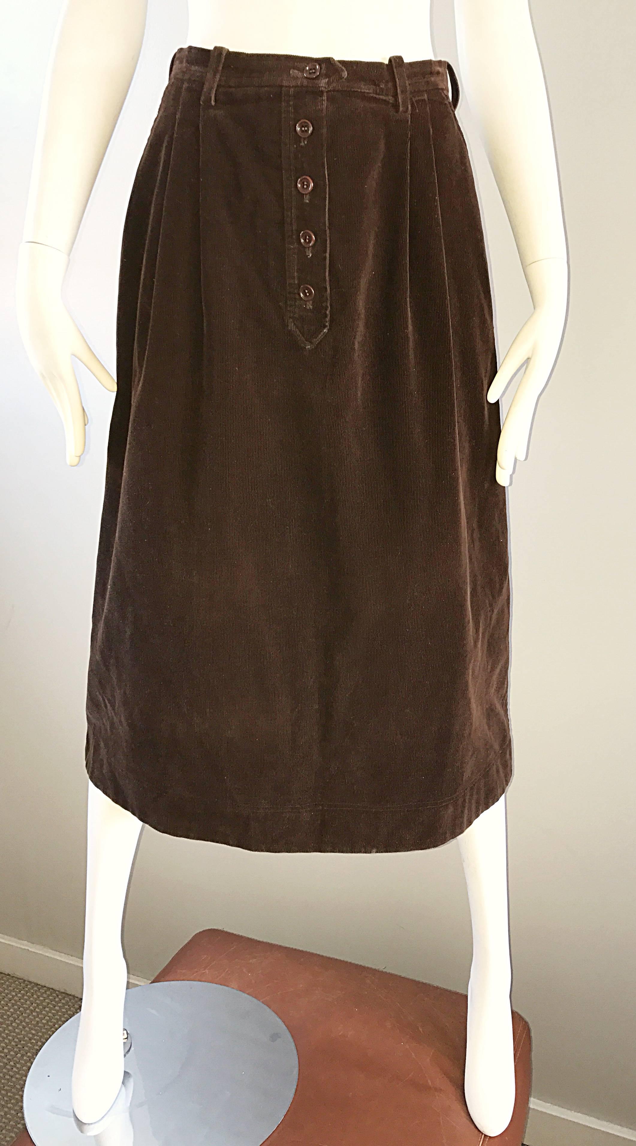 Women's 1970s Yves Saint Laurent Rive Gauche Brown Corduroy A - Line Vintage Mide Skirt  For Sale