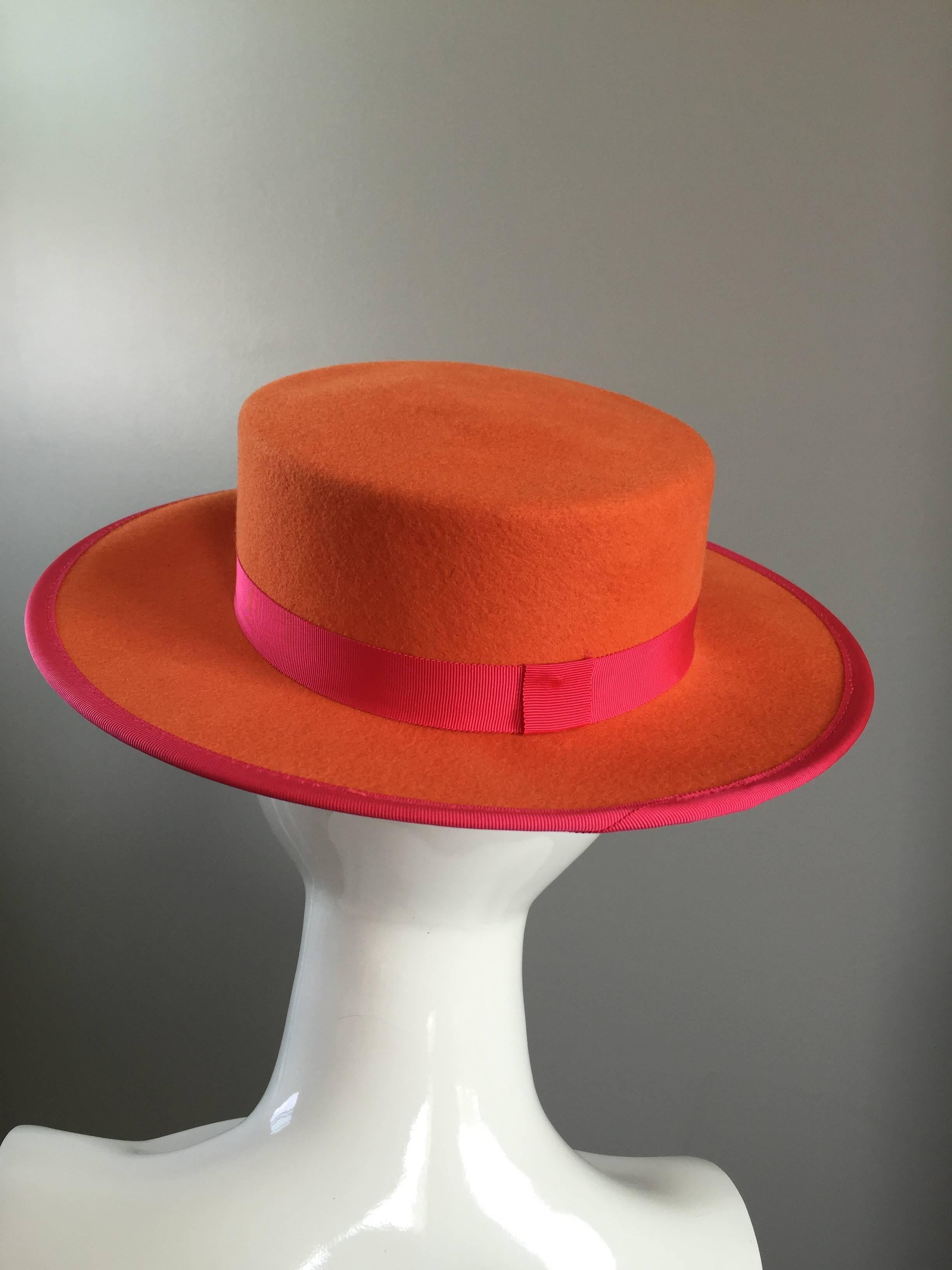 Red 1960s Tina Too Bollman Neon Orange + Hot Pink Wool Doeskin Felt Vintage 60s Hat For Sale