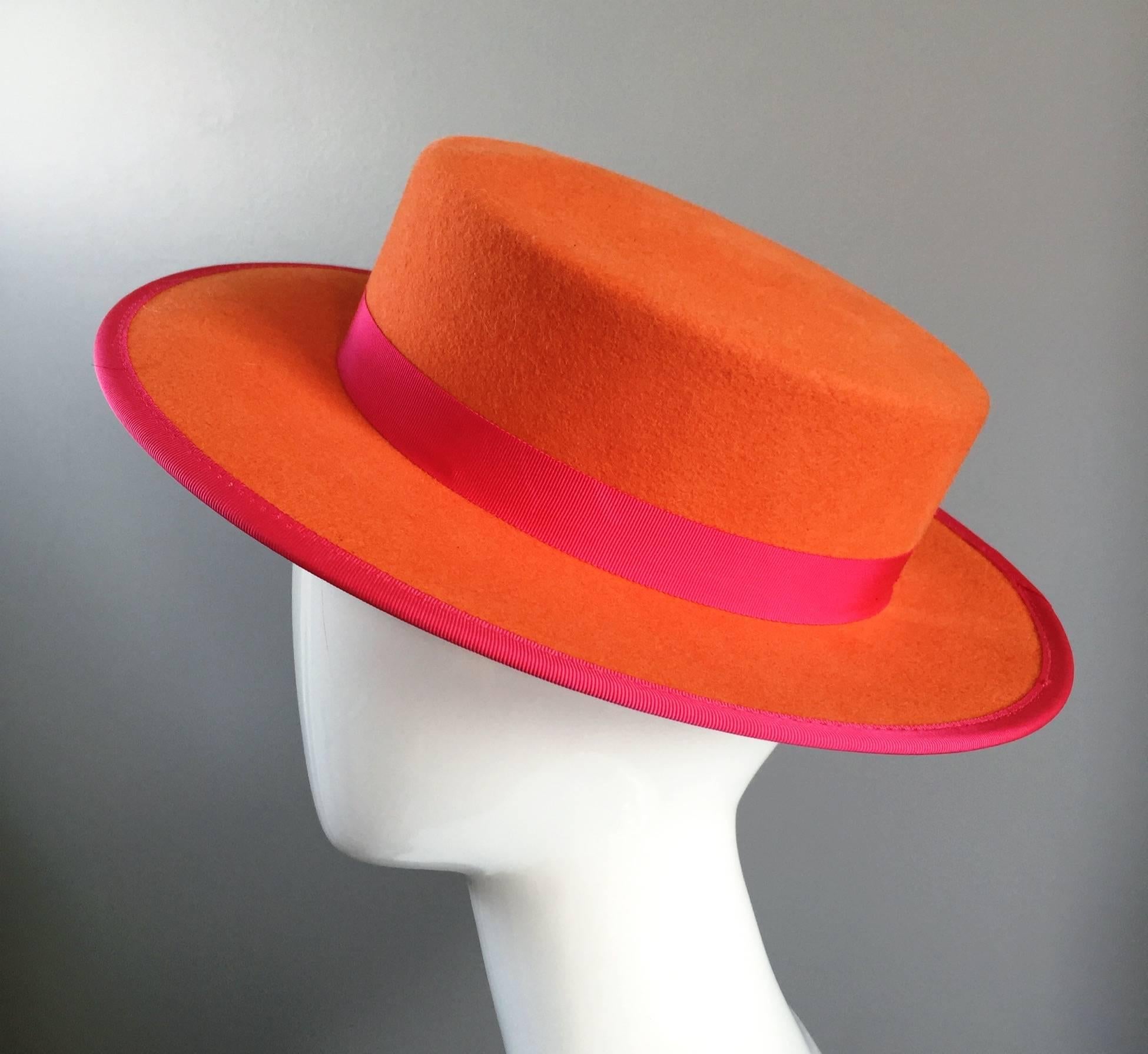 Women's 1960s Tina Too Bollman Neon Orange + Hot Pink Wool Doeskin Felt Vintage 60s Hat For Sale