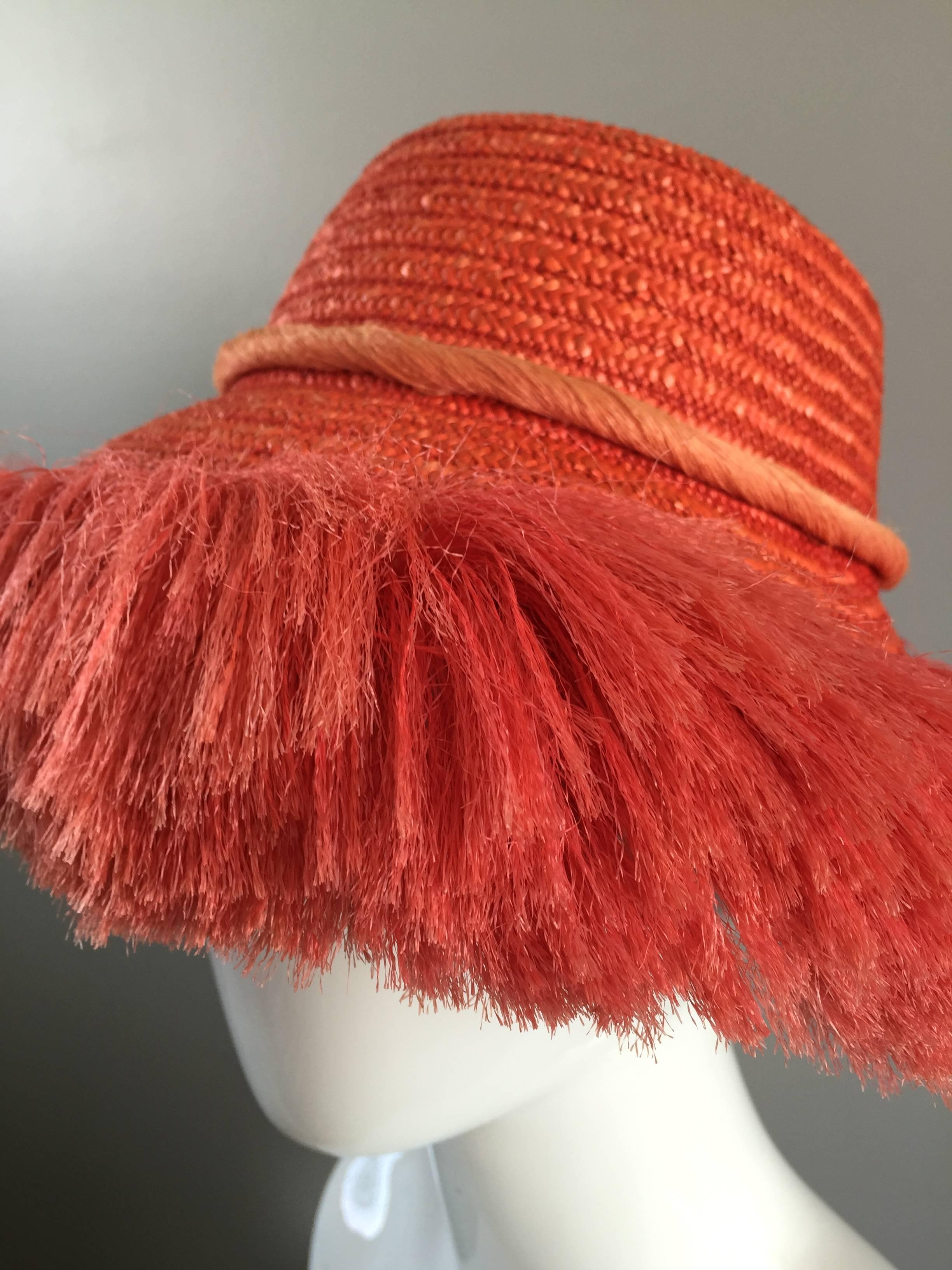 1960s Rare Italian Coral Orange and Pink Vintage Raffia Straw Fringe 60s Sun Hat In Excellent Condition In San Diego, CA
