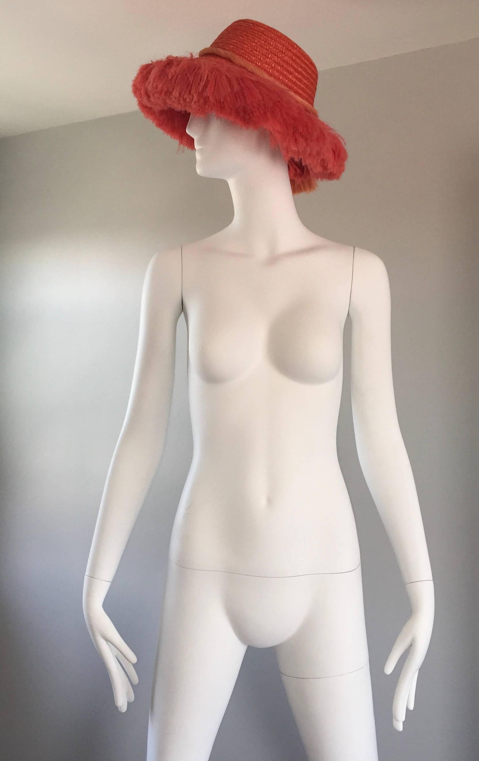 Red 1960s Rare Italian Coral Orange and Pink Vintage Raffia Straw Fringe 60s Sun Hat