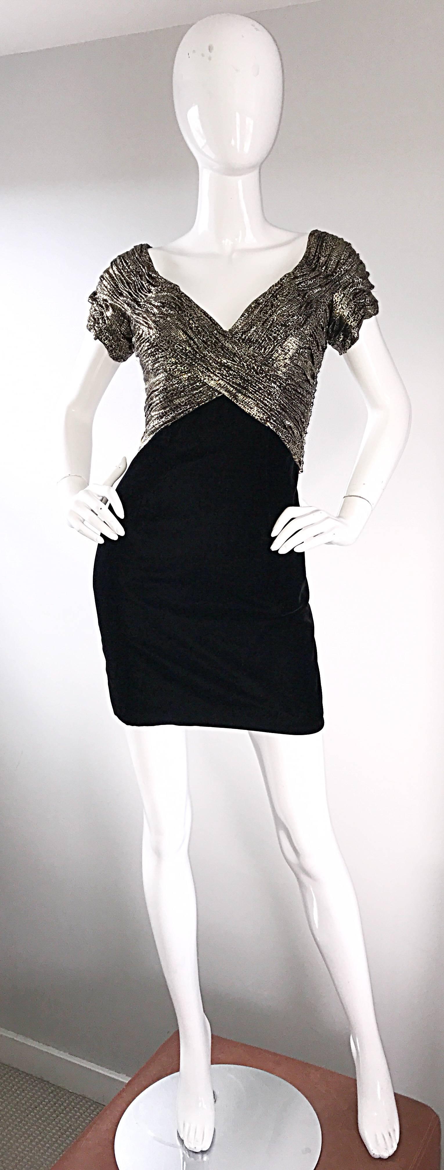 Sexy, yet sophisticated 1990s 90s VICKY TIEL COUTURE mini dress! Features a gold, silver, and black metallic snakeskin bodice. Flattering signature ruching throughout the boned bodice. Soft black silk velvet skirt fits like a dream! Hidden metal