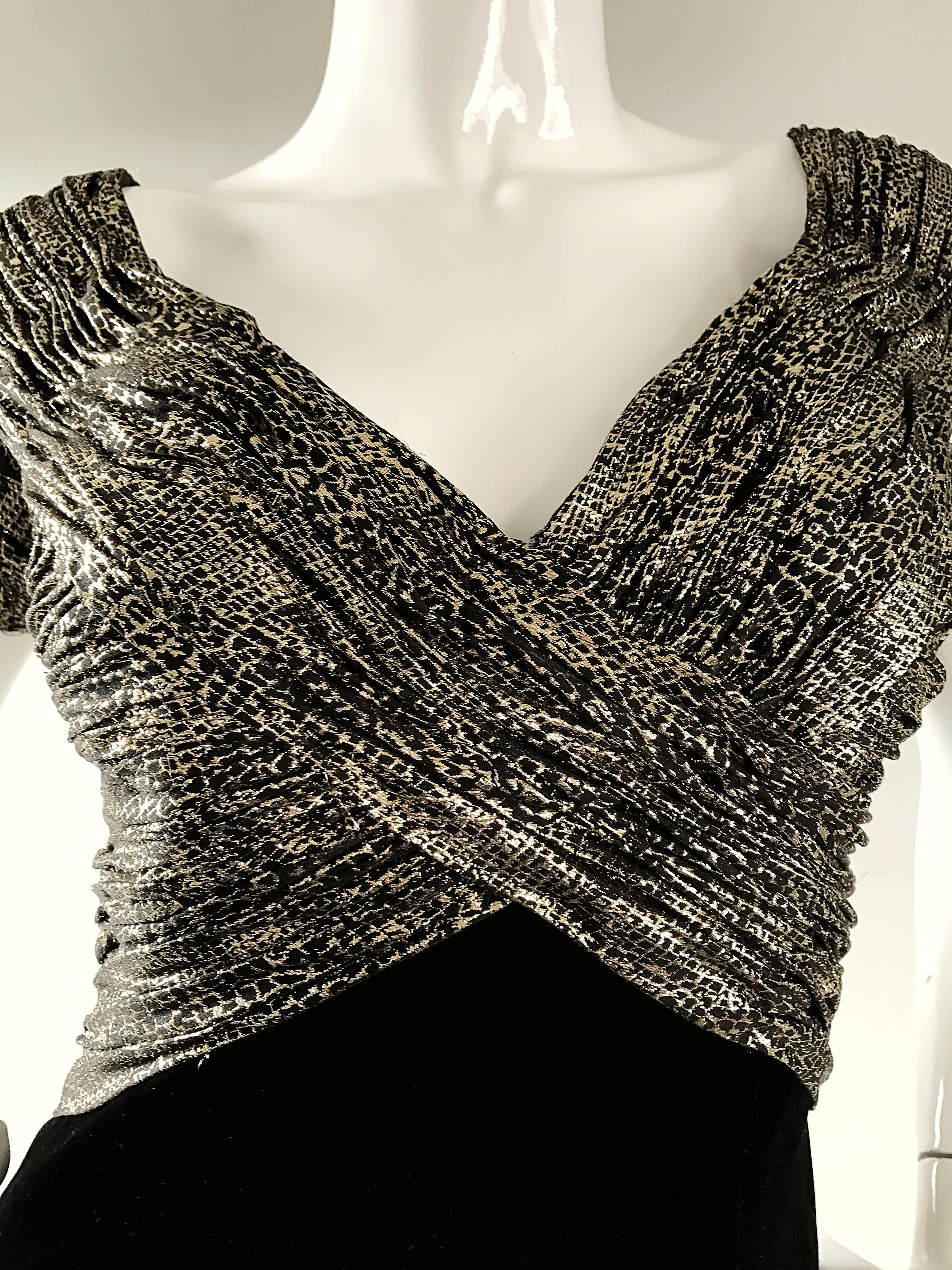 Vintage Vicky Tiel Couture Gold + Black Velvet Metallic Snakeskin Mini Dress  In Excellent Condition For Sale In San Diego, CA