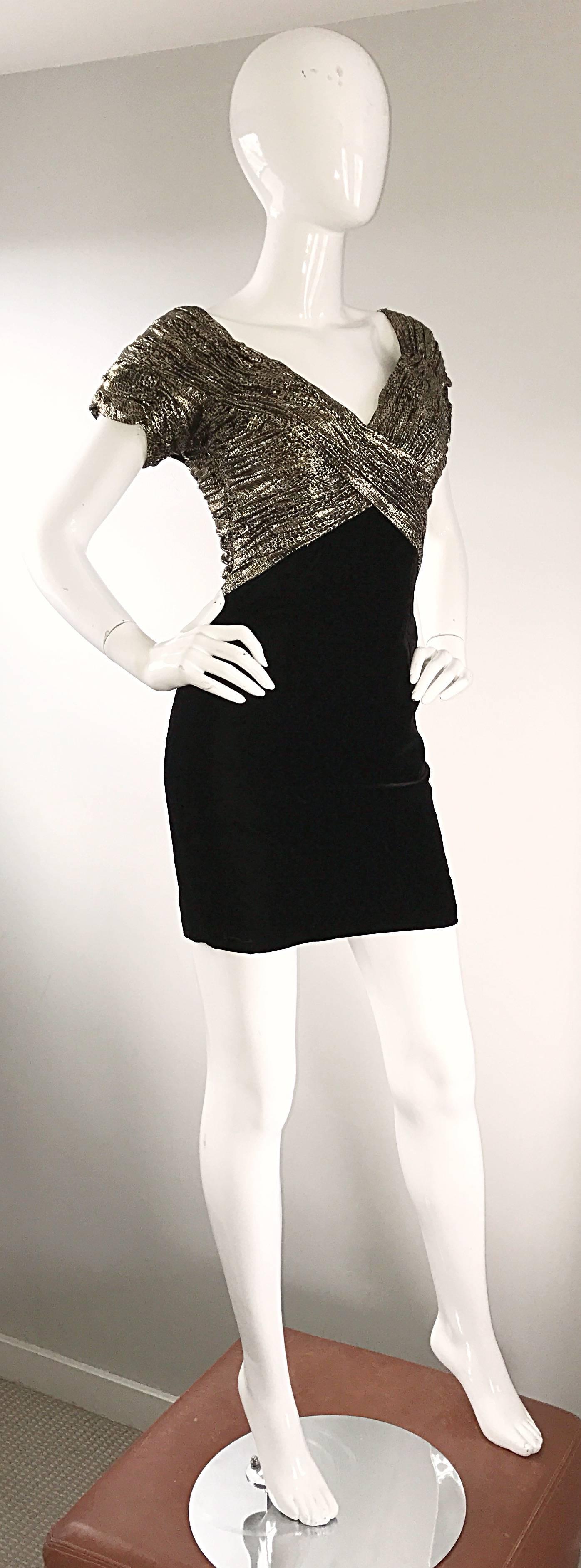 Women's Vintage Vicky Tiel Couture Gold + Black Velvet Metallic Snakeskin Mini Dress  For Sale
