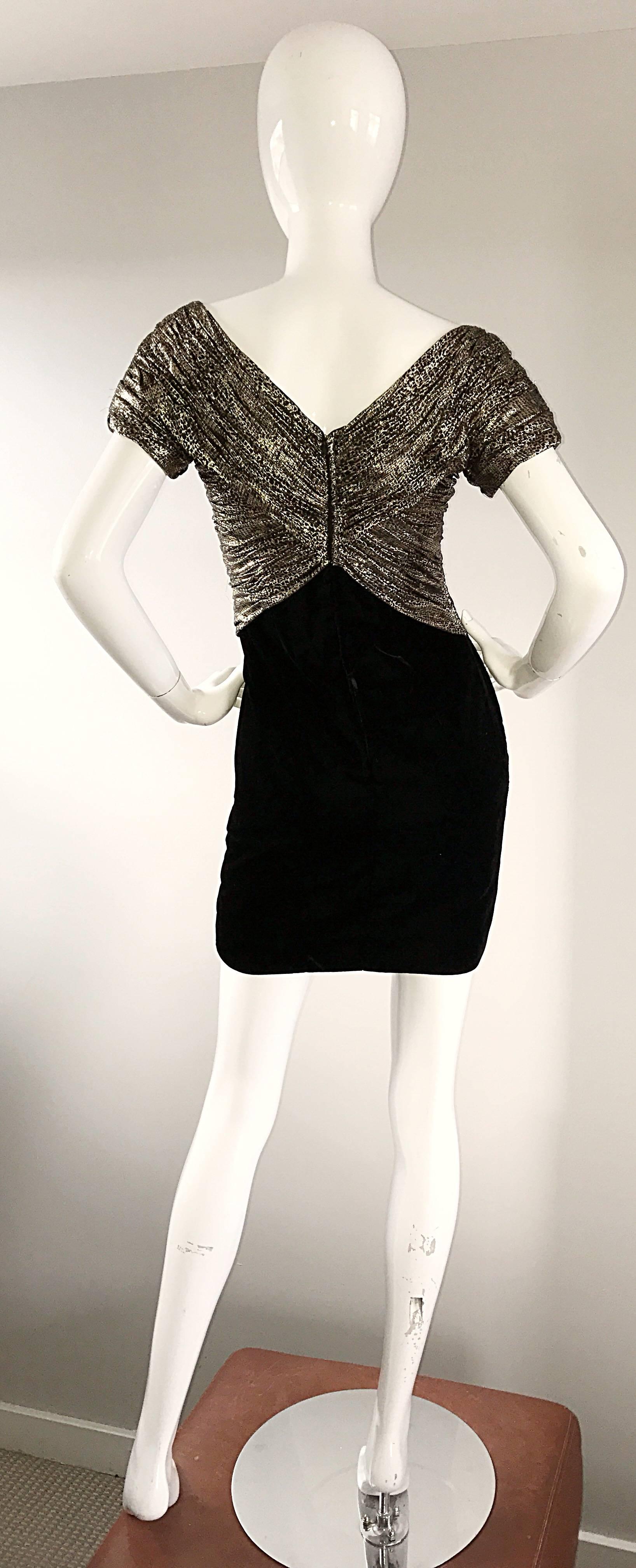 Vintage Vicky Tiel Couture Gold + Black Velvet Metallic Snakeskin Mini Dress  For Sale 1