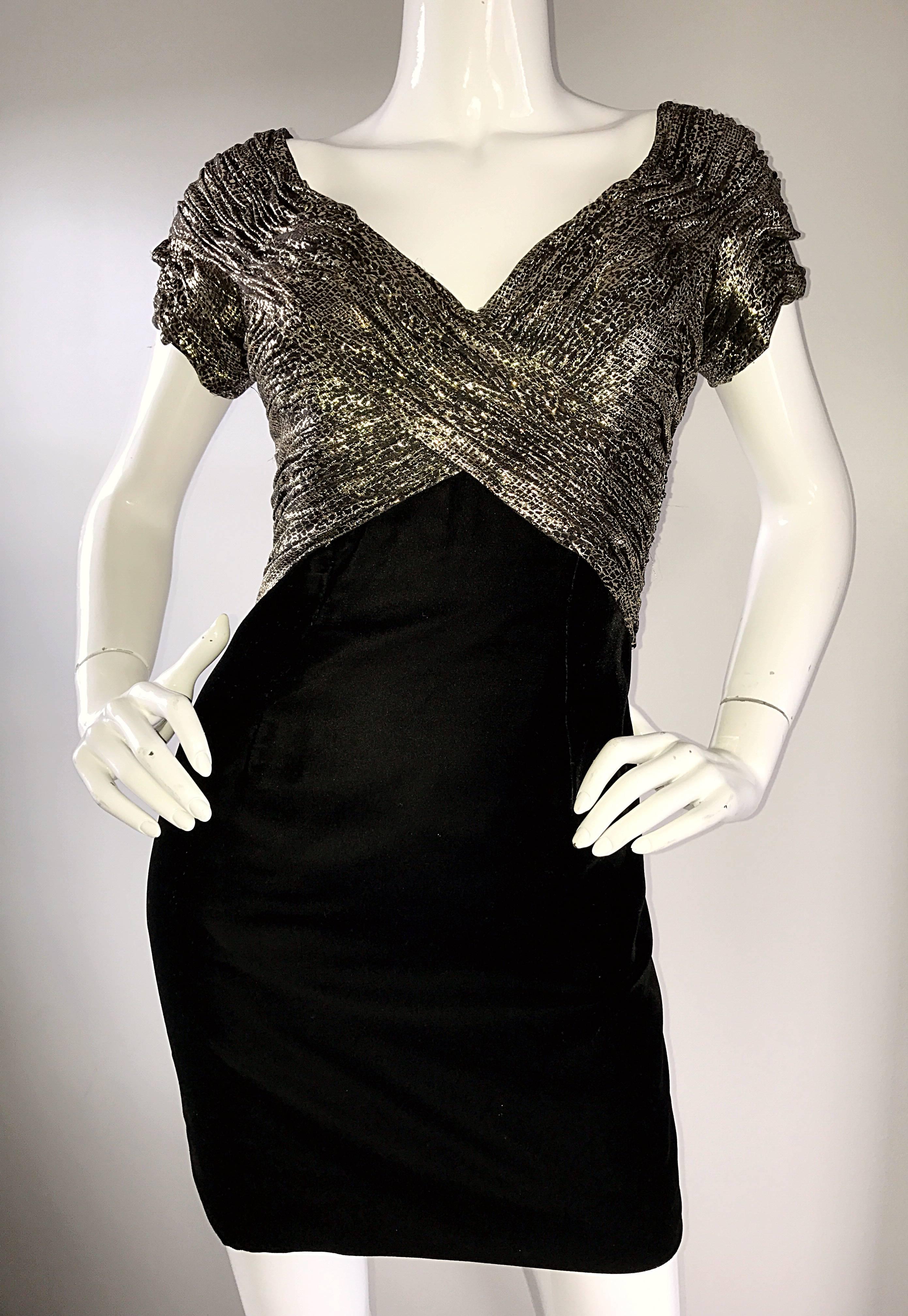 Vintage Vicky Tiel Couture Gold + Black Velvet Metallic Snakeskin Mini Dress  For Sale 2