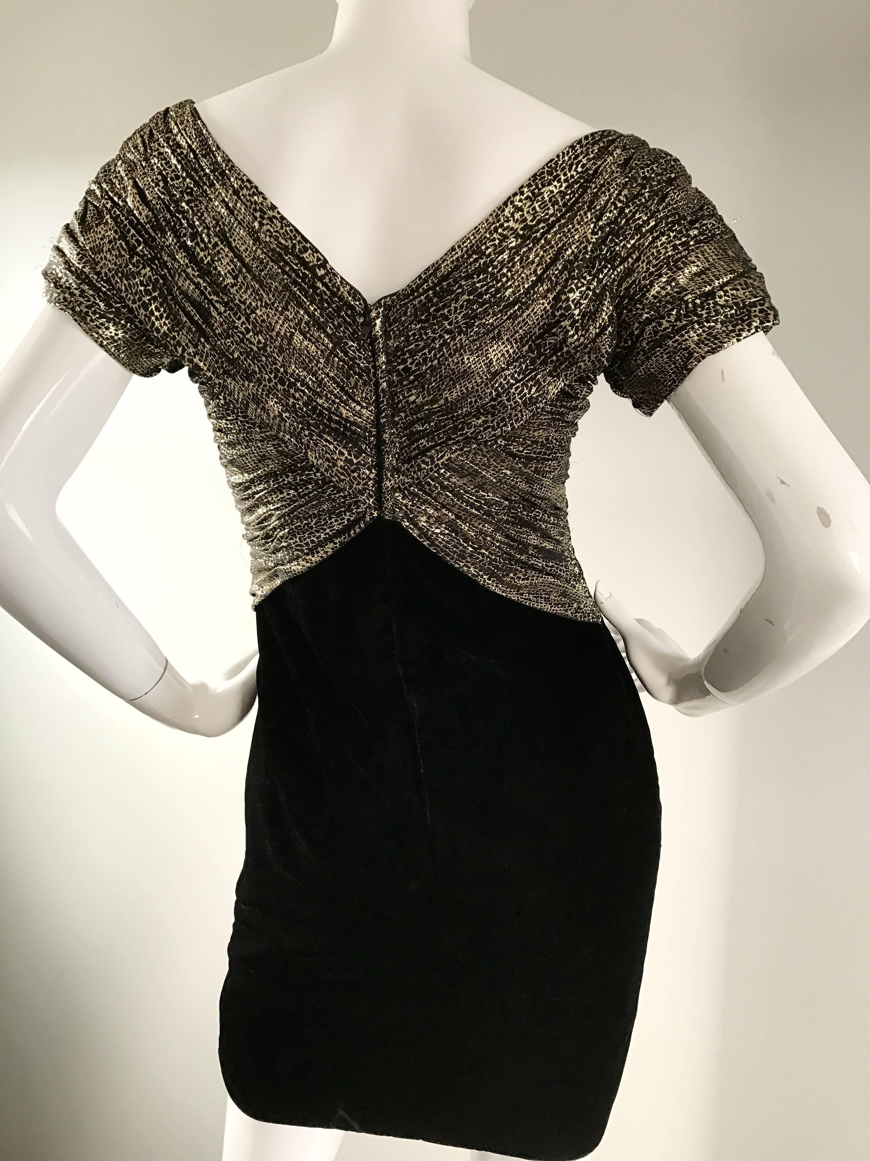 Vintage Vicky Tiel Couture Gold + Black Velvet Metallic Snakeskin Mini Dress  For Sale 3