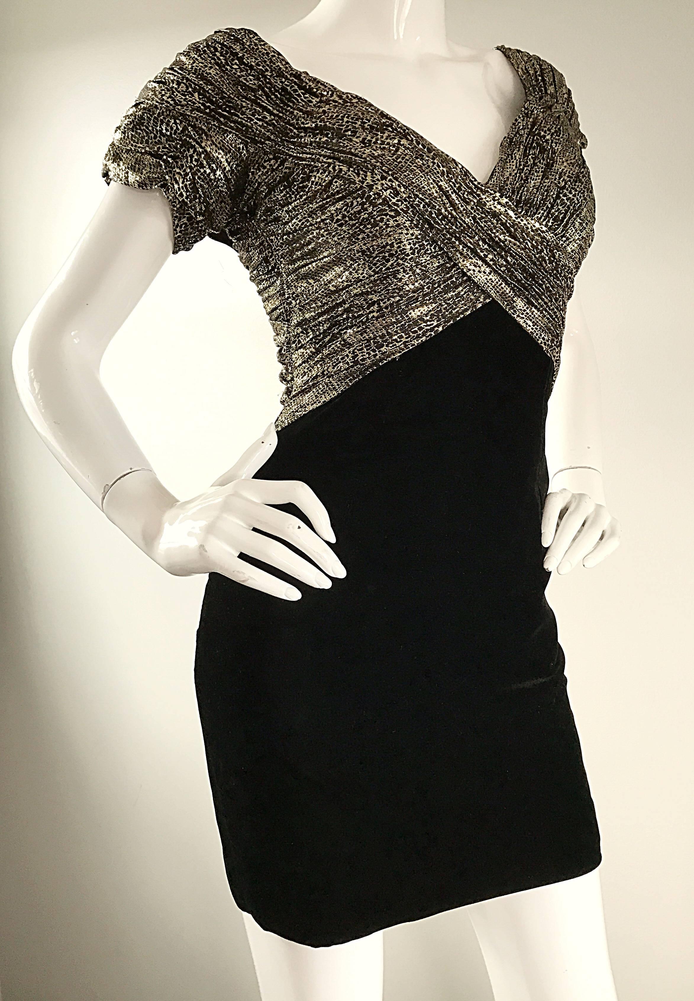 Vintage Vicky Tiel Couture Gold + Black Velvet Metallic Snakeskin Mini Dress For Sale 4
