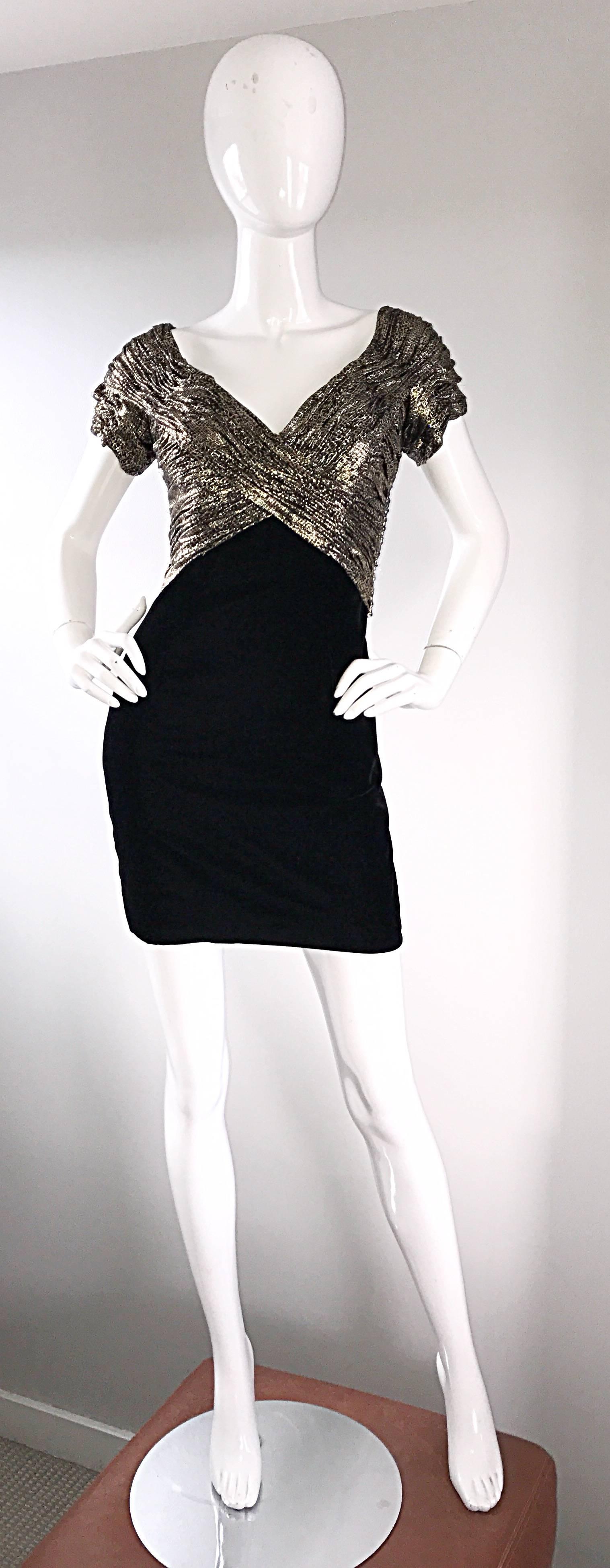 Vintage Vicky Tiel Couture Gold + Black Velvet Metallic Snakeskin Mini Dress  For Sale 5