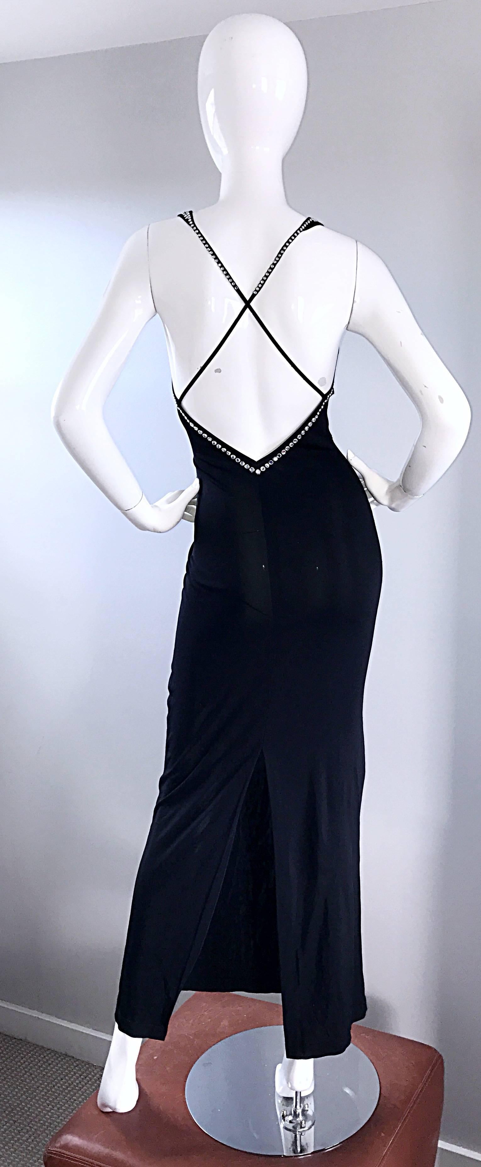 Sexy vintag early 90s BLUMARINE by ANNA MOLINARI black slinky rayon jersey halter floor length evening dress! Super soft rayon jersey clings to the body in all the right places, and stretches to fit. Large crystal studs line the neckline, sleeve