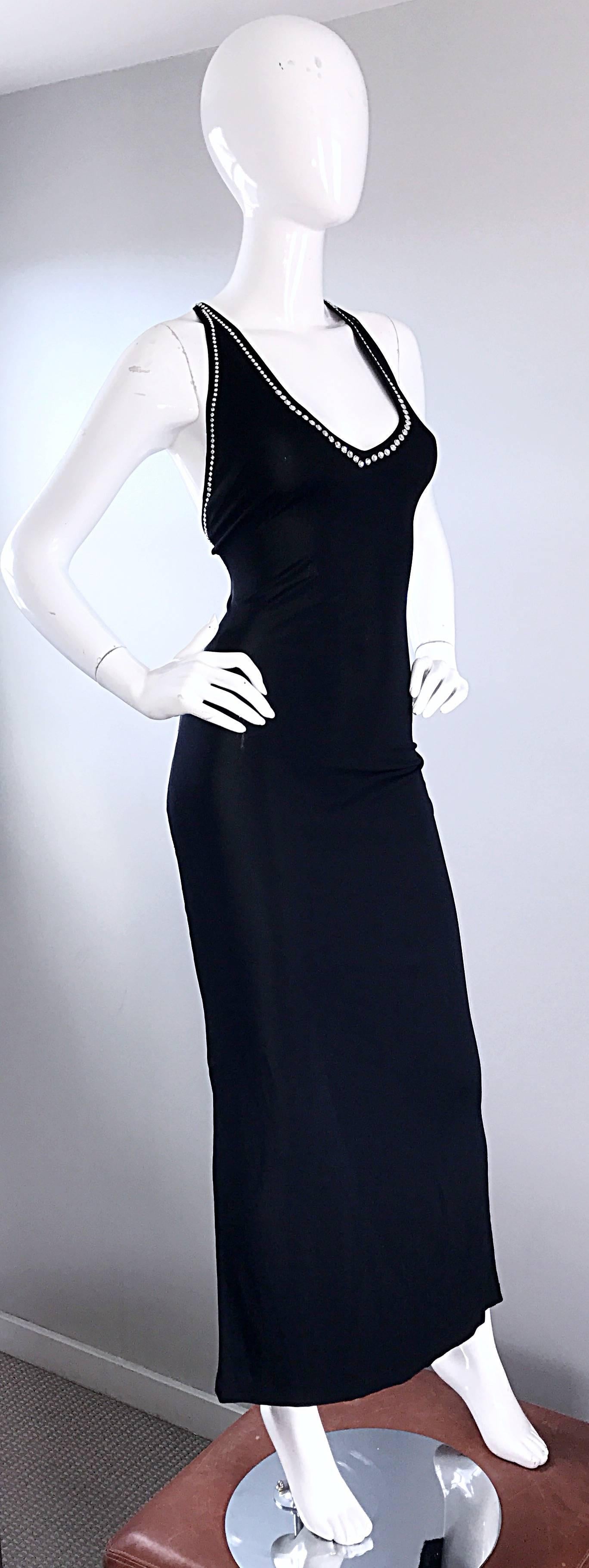 1990s Blumarine Anna Molinari Sexy Black Crstyal Studded Vintage Jersey Gown 90s In Excellent Condition For Sale In San Diego, CA