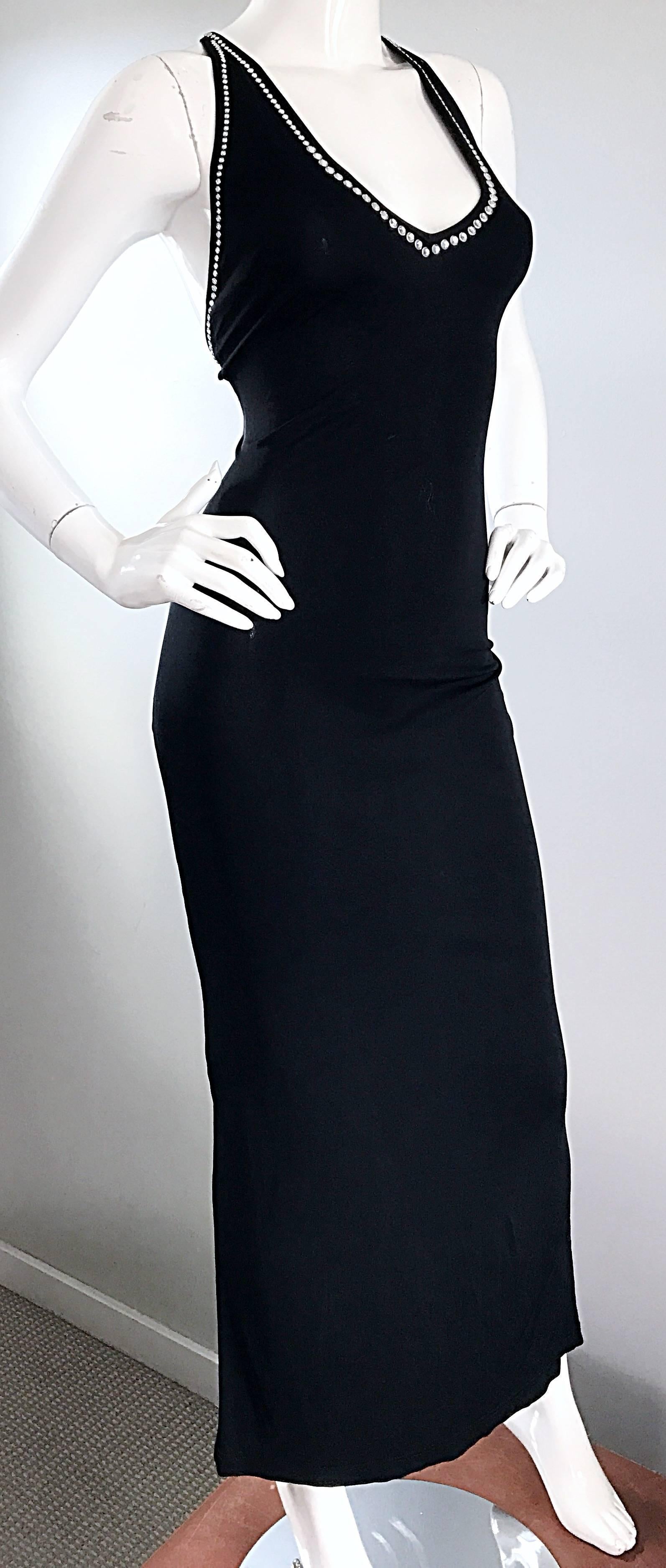 1990s Blumarine Anna Molinari Sexy Black Crstyal Studded Vintage Jersey Gown 90s For Sale 1