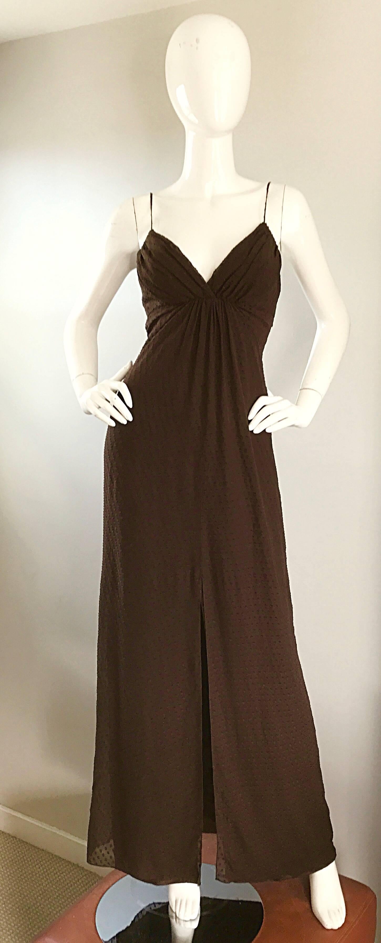 Beautiful vintage 90s CAROLINA HERRERA chocolate espresso brown silk chiffon evening gown! Features textured silk chiffon over brown liquid silk. Thin spaghetti straps at each shoulder with a deep v neckline that reveals just the right amount of