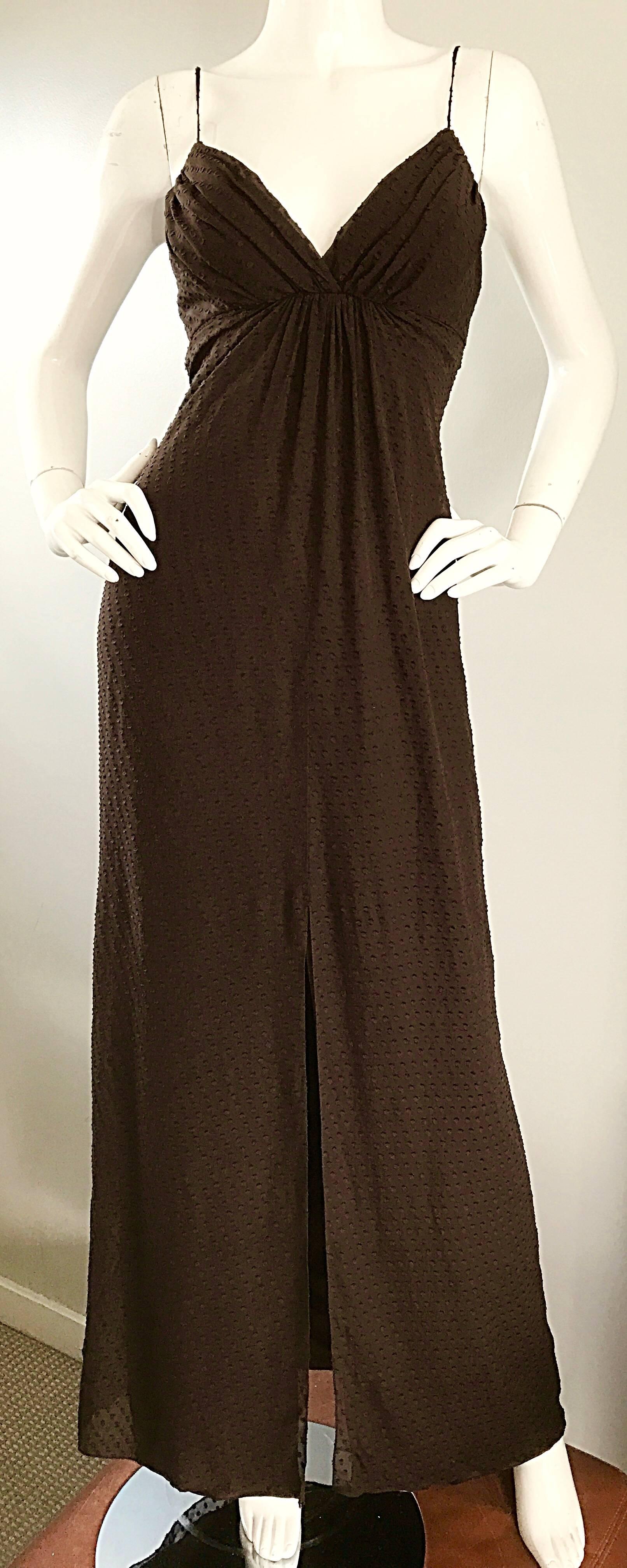 Black Carolina Herrera 1990s Espresso Brown Silk Chiffon Sz 8 Vintage 90s Gown Dress For Sale