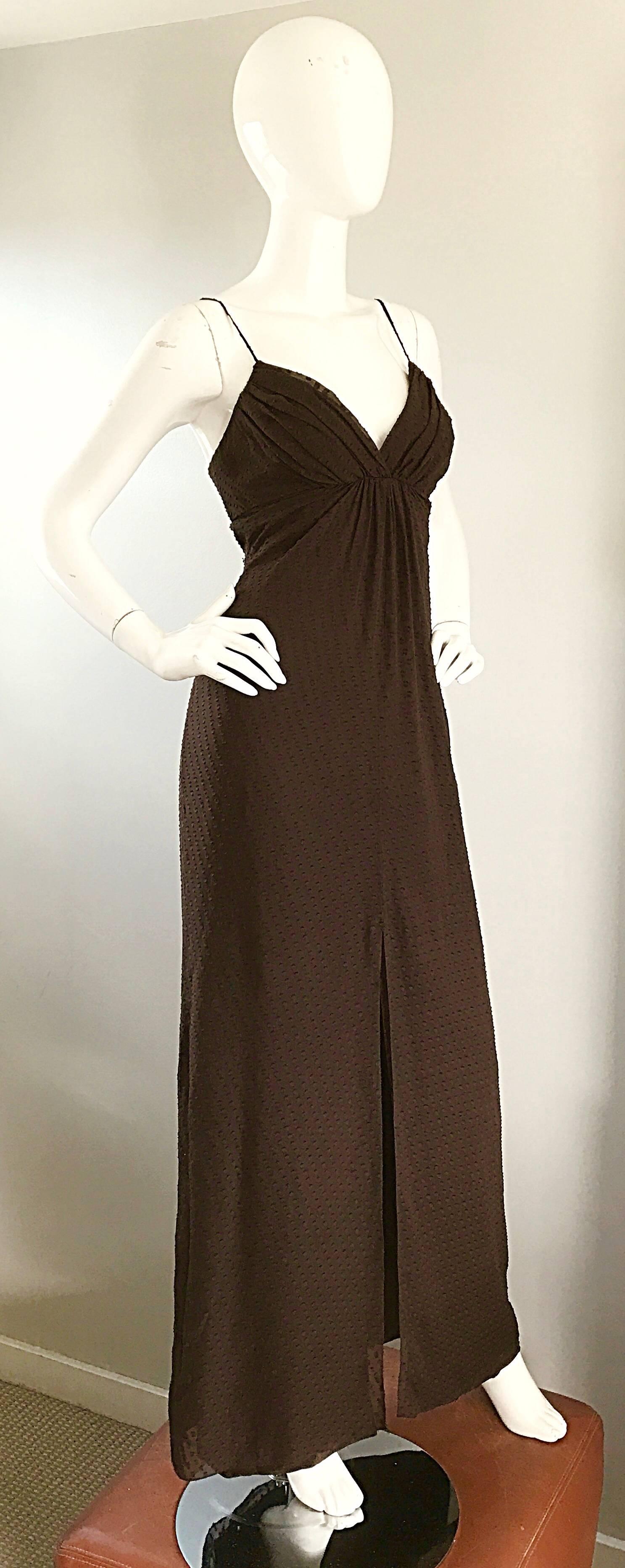 Carolina Herrera 1990s Espresso Brown Silk Chiffon Sz 8 Vintage 90s Gown Dress In Excellent Condition For Sale In San Diego, CA