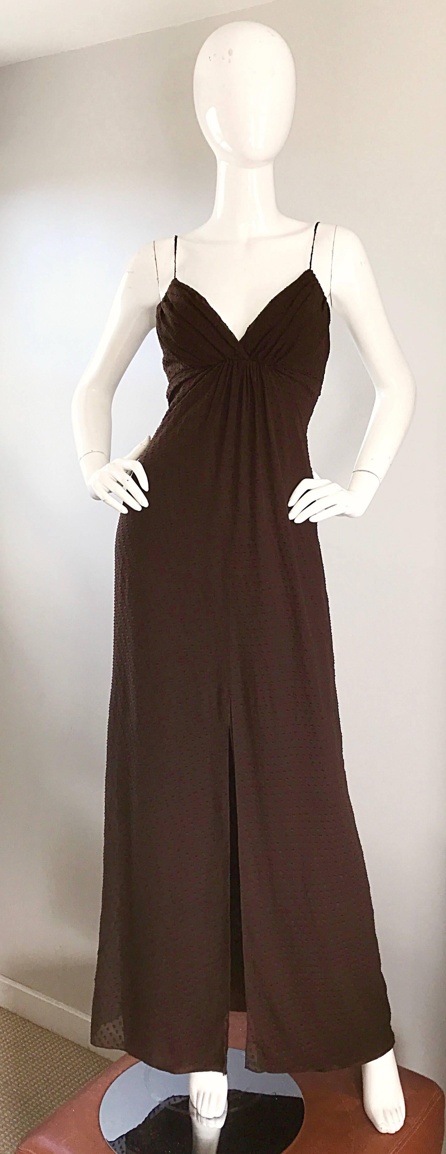 Carolina Herrera 1990s Espresso Brown Silk Chiffon Sz 8 Vintage 90s Gown Dress For Sale 1