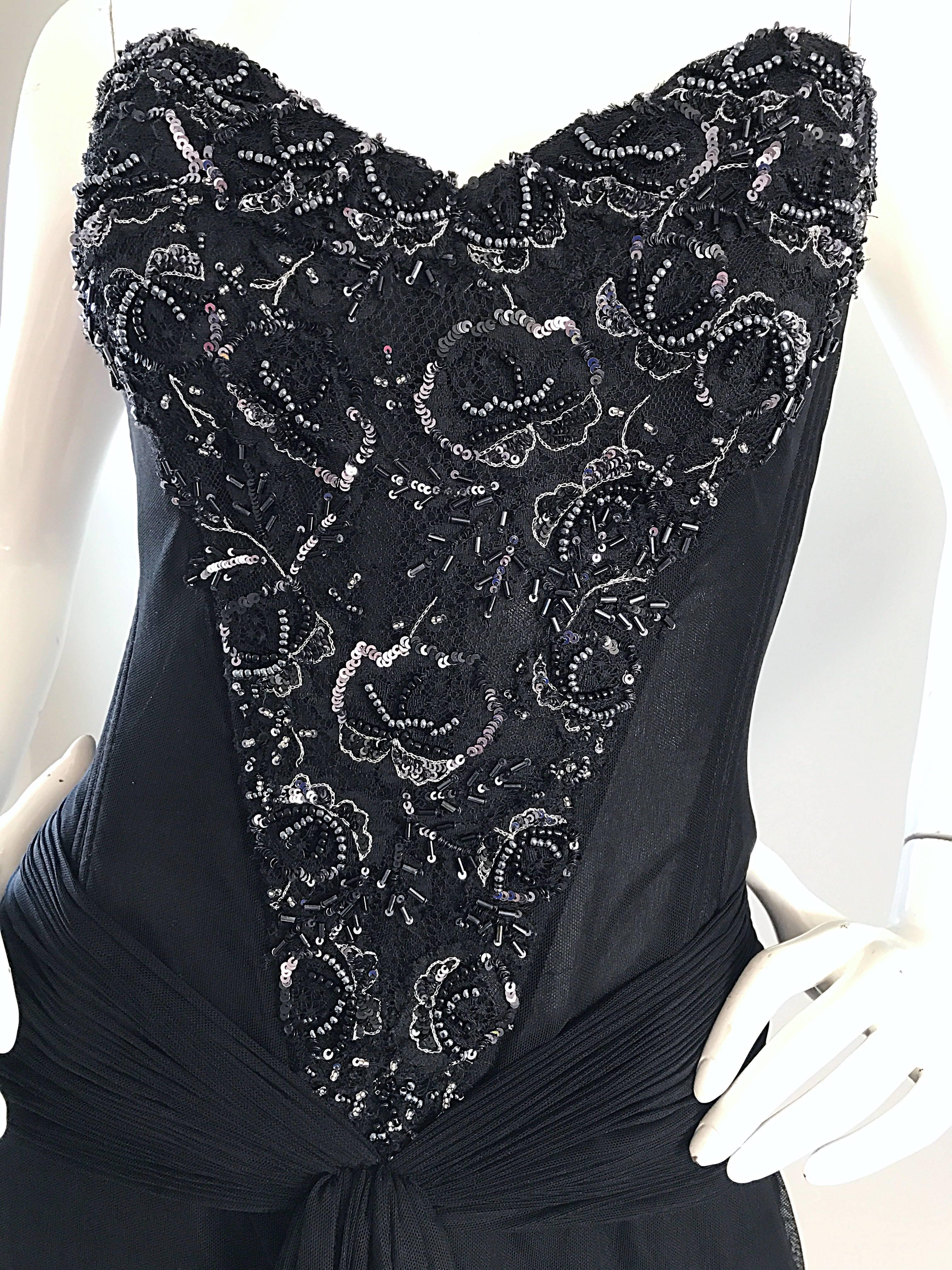 Vintage Vicky Tiel Couture Black Sequined and Beaded Strapless Flapper Dress  In Excellent Condition For Sale In San Diego, CA