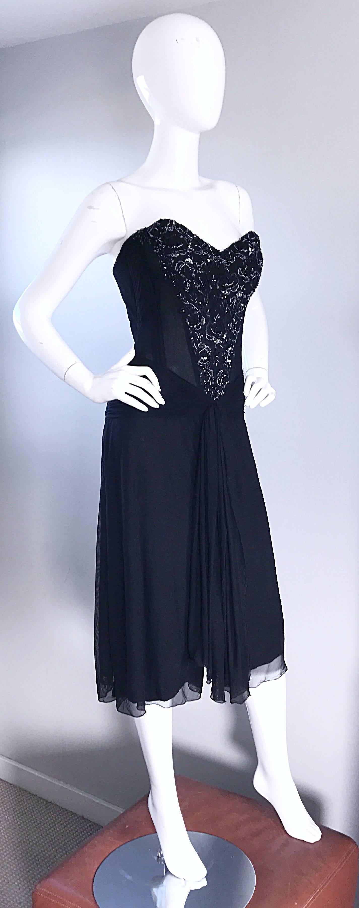 Vintage Vicky Tiel Couture Black Sequined and Beaded Strapless Flapper Dress  For Sale 1