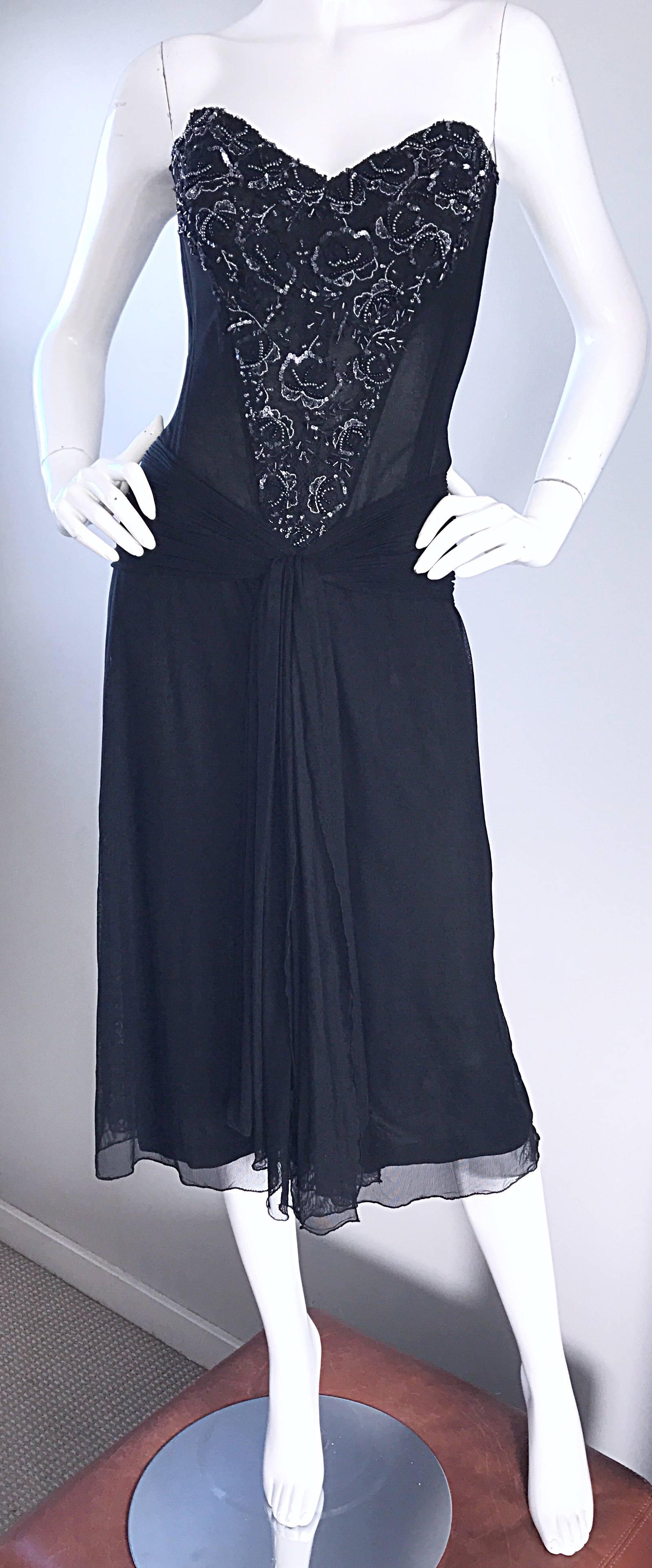 Vintage Vicky Tiel Couture Black Sequined and Beaded Strapless Flapper Dress  For Sale 3