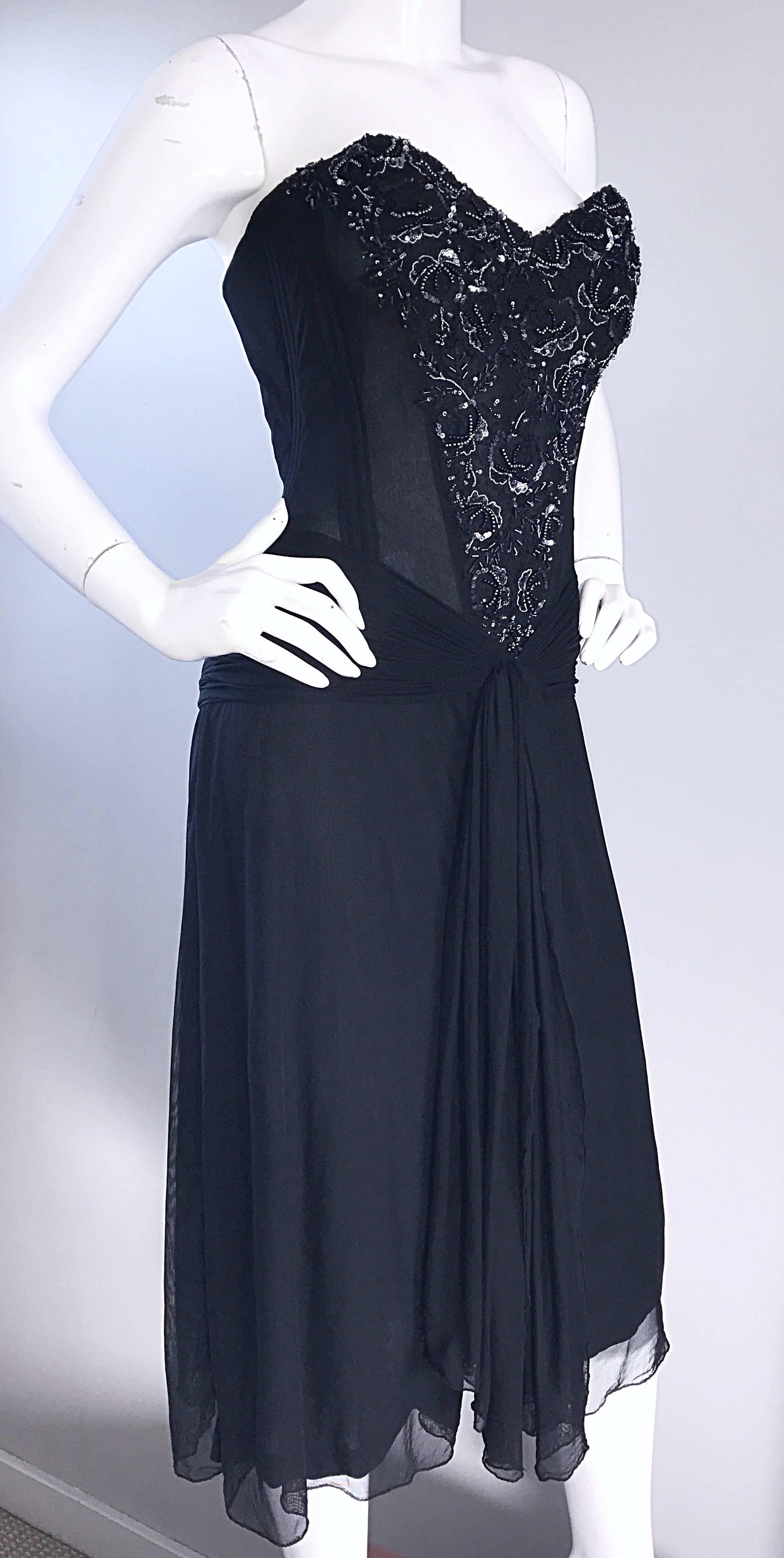 Vintage Vicky Tiel Couture Black Sequined and Beaded Strapless Flapper Dress  For Sale 4
