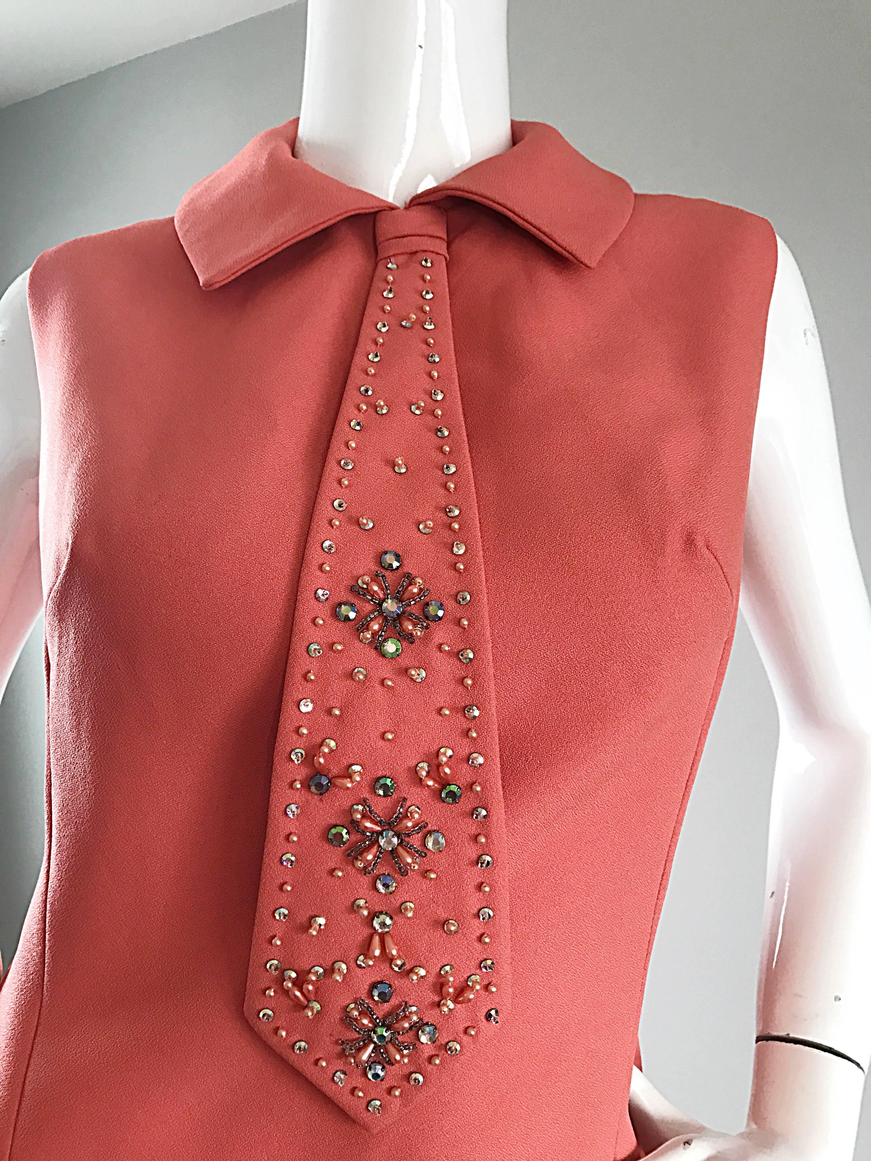 Orange Chic 1960s Coral Salmon Pink Beaded Necktie Vintage A - Line 60s Shift Dress