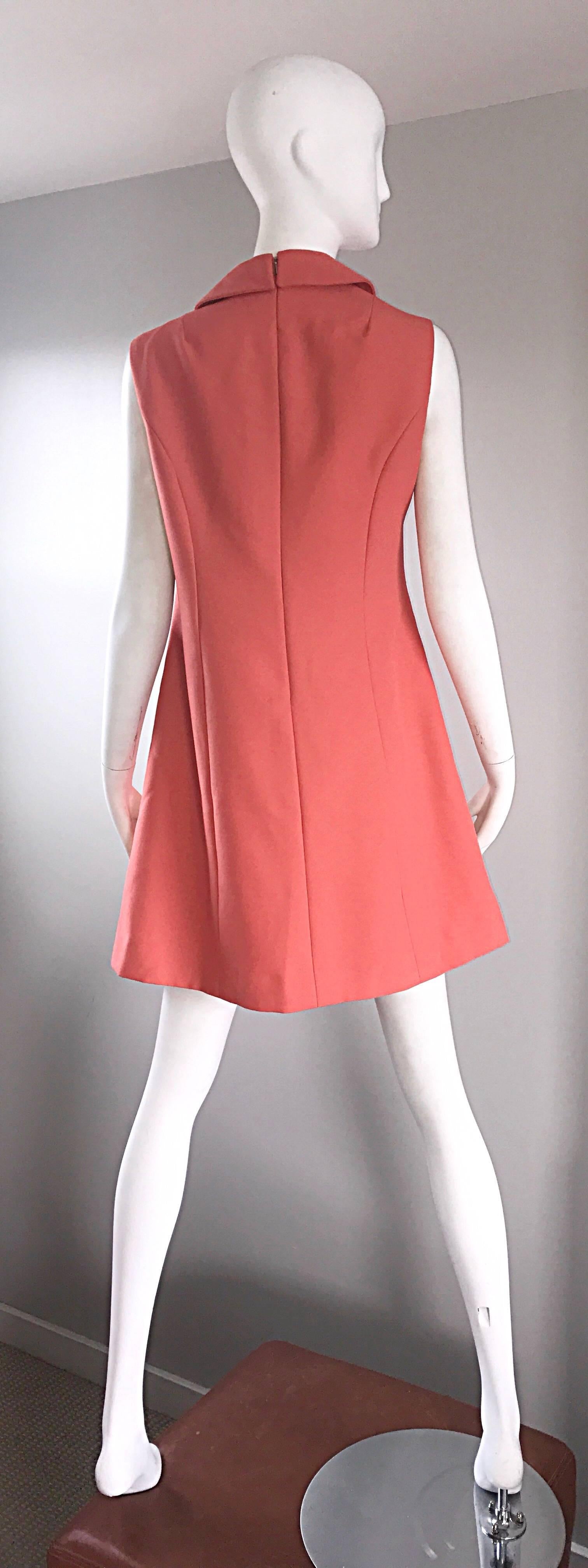 Women's Chic 1960s Coral Salmon Pink Beaded Necktie Vintage A - Line 60s Shift Dress