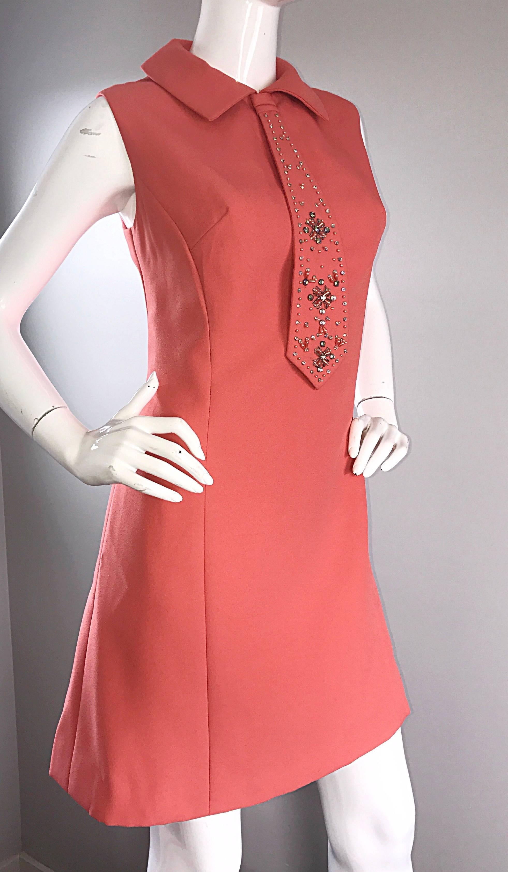 Chic 1960s Coral Salmon Pink Beaded Necktie Vintage A - Line 60s Shift Dress 1