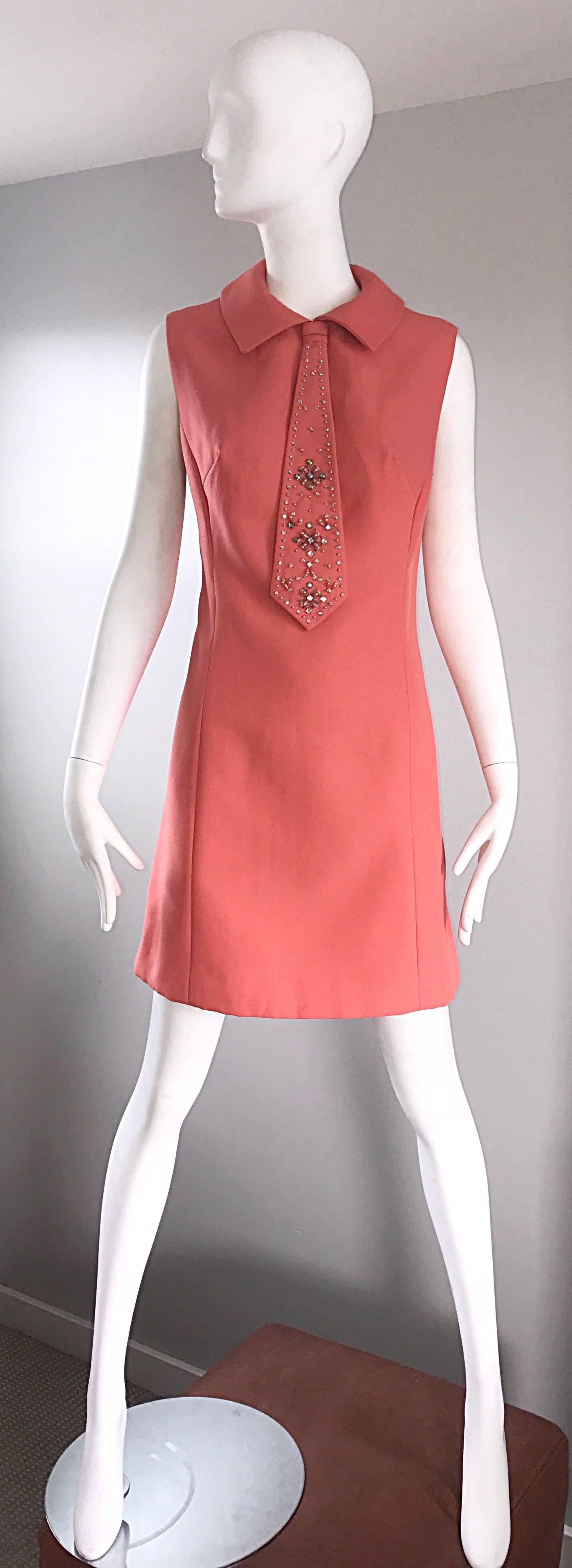 Chic 1960s Coral Salmon Pink Beaded Necktie Vintage A - Line 60s Shift Dress 2