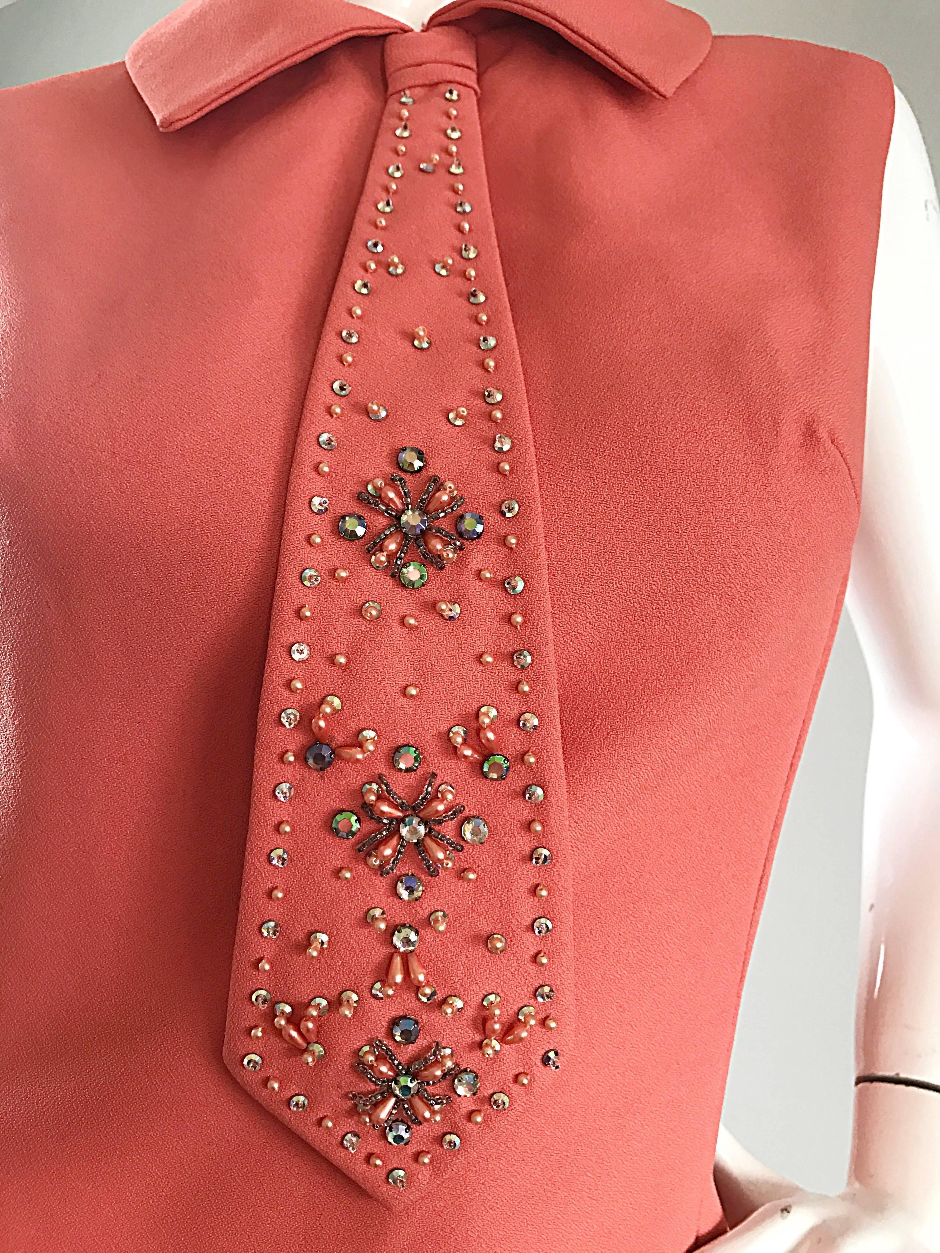 Chic 1960s Coral Salmon Pink Beaded Necktie Vintage A - Line 60s Shift Dress 3
