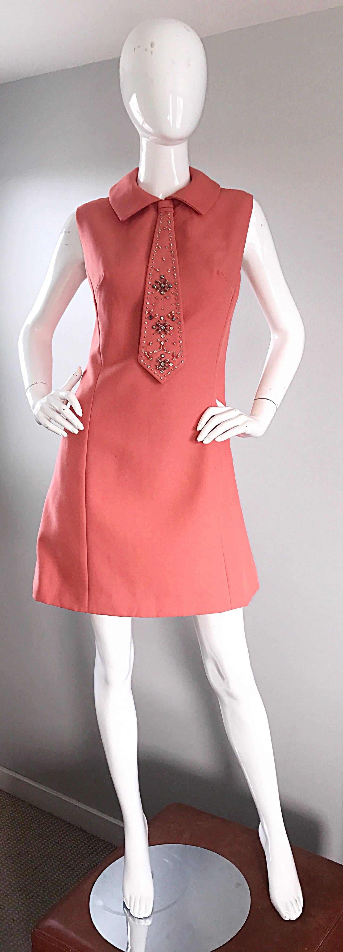 Chic 1960s Coral Salmon Pink Beaded Necktie Vintage A - Line 60s Shift Dress 4