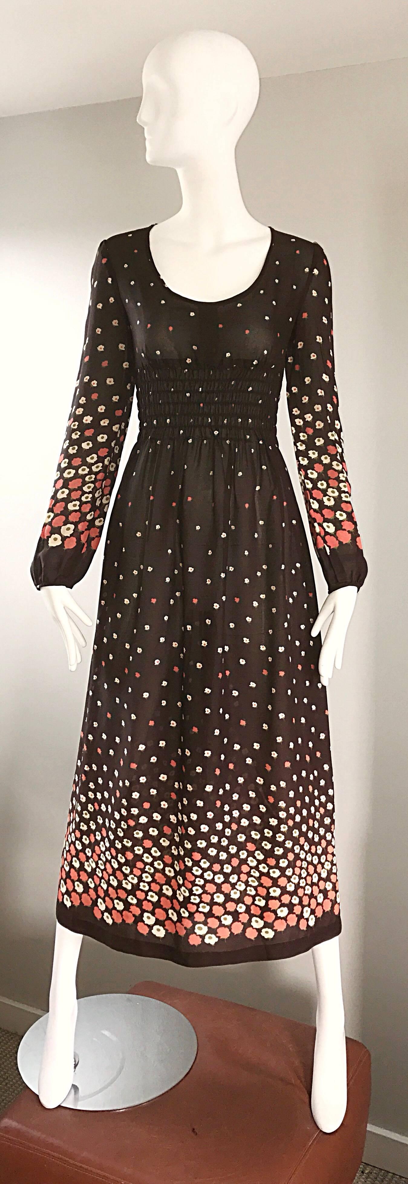 Chic vintage OSSIE CLARK crepe midi dress, with signature Celia Birtwell poppy flower print! Chocolate brown soft crepe, with pink, coral and ivory poppy flowers printed throughout. Wide elastic waistaband stretches to fit an array of sizes. Full