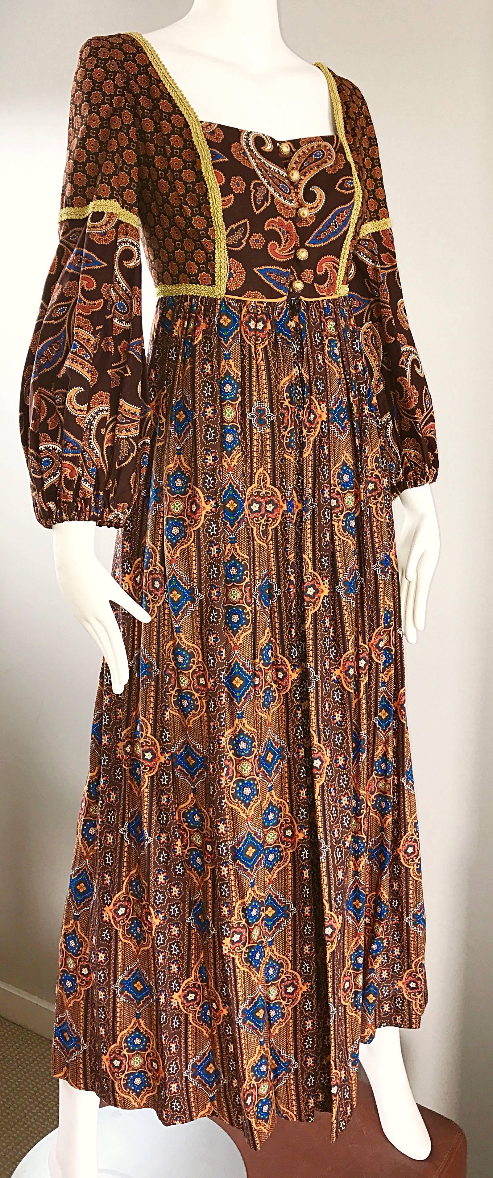 Black Jay Morley for Fern Violette 70s Boho Paisley Vintage Cotton Peasant Maxi Dress For Sale