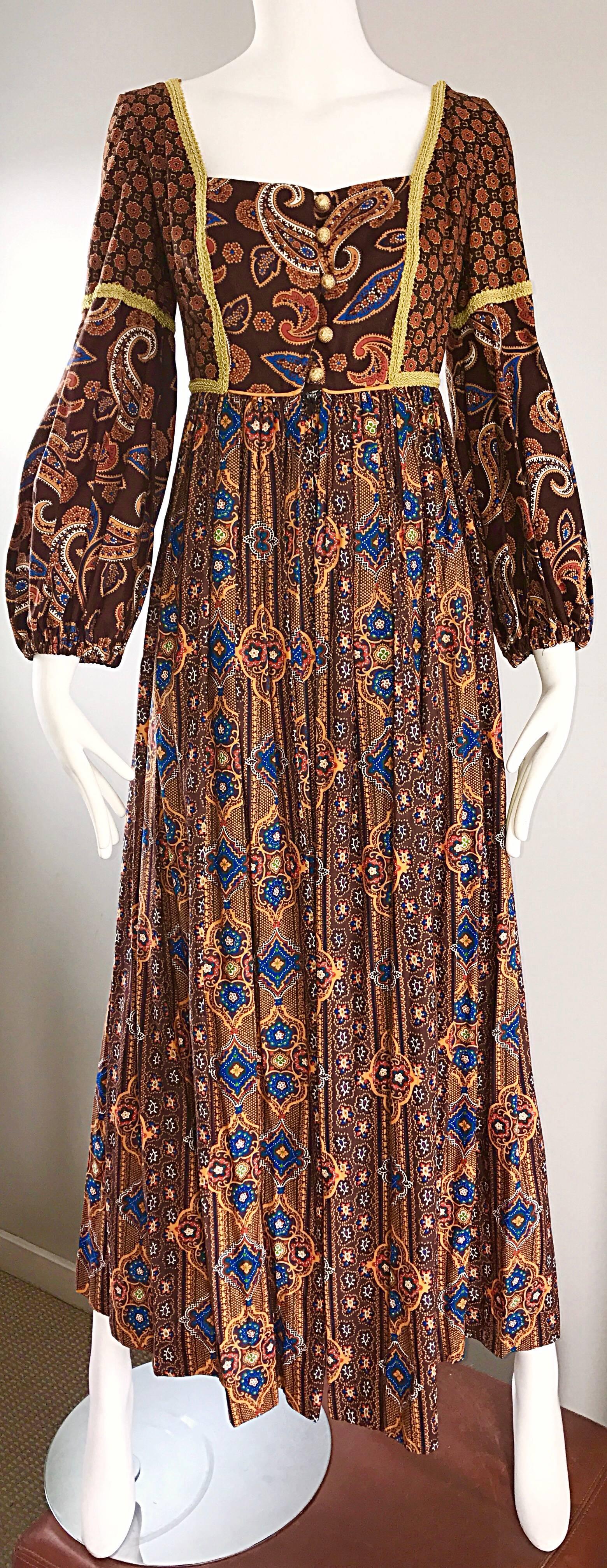 Women's Jay Morley for Fern Violette 70s Boho Paisley Vintage Cotton Peasant Maxi Dress For Sale