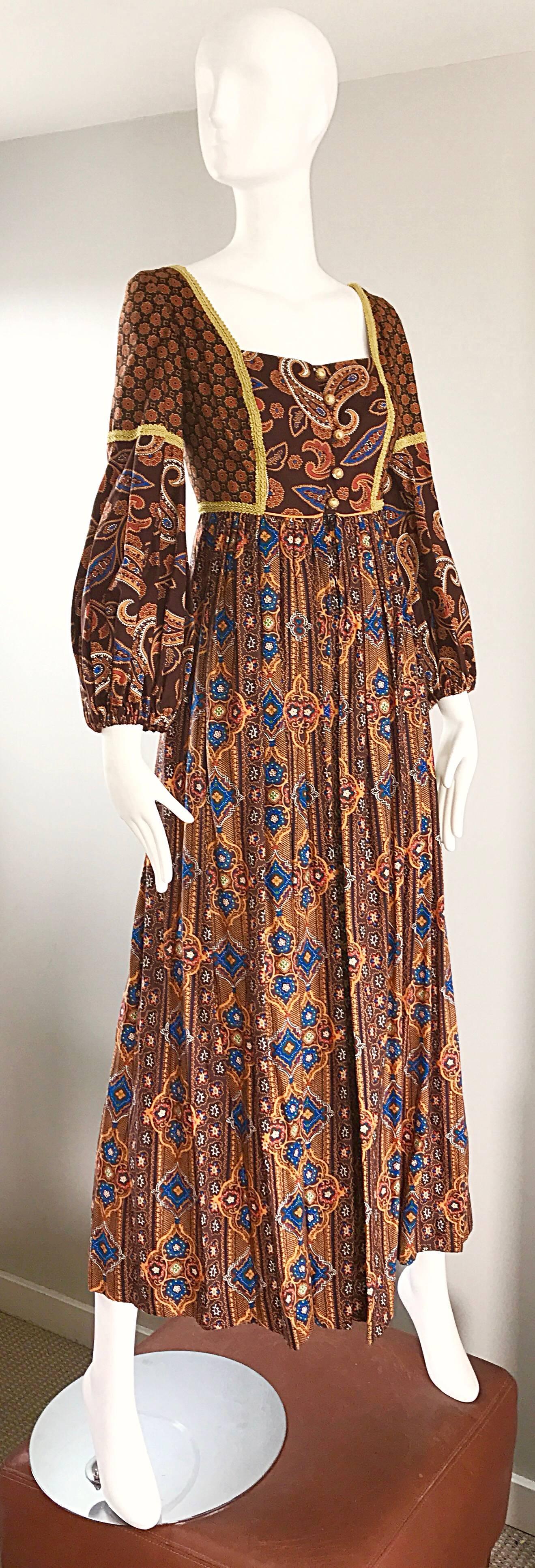 Jay Morley for Fern Violette 70s Boho Paisley Vintage Cotton Peasant Maxi Dress In Excellent Condition For Sale In San Diego, CA