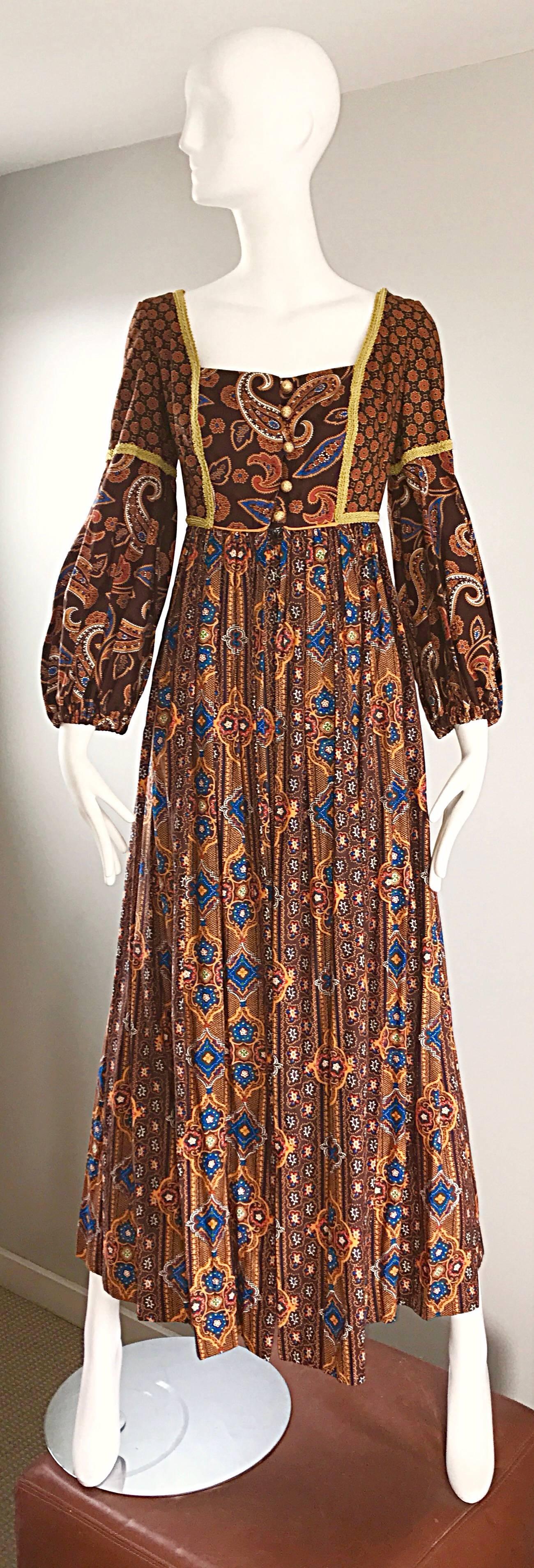 Jay Morley for Fern Violette 70s Boho Paisley Vintage Cotton Peasant Maxi Dress For Sale 1