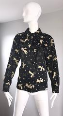 Emanuel Ungaro Vintage Black and White 1990s Bird Print Pussycat Bow Silk Blouse