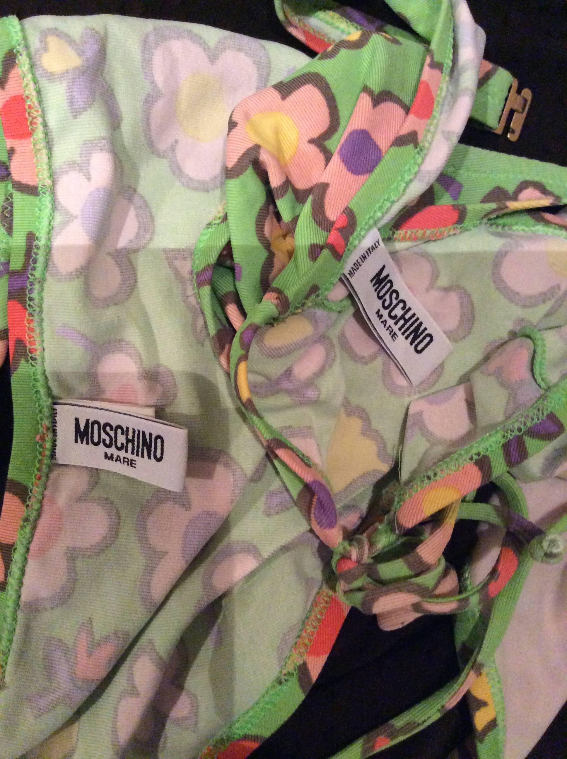 Vintage Moschino 1990s Neon Green Flower Printed 90s Two Piece String Bikini  For Sale 2