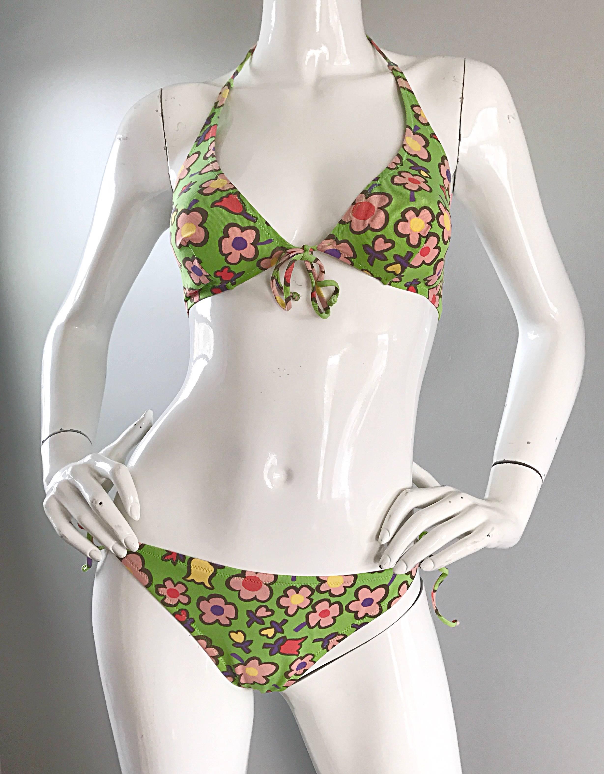 Beige Vintage Moschino 1990s Neon Green Flower Printed 90s Two Piece String Bikini  For Sale