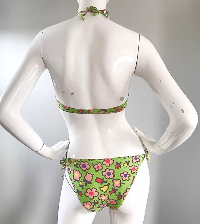 Vintage Moschino 1990s Neon Green Flower Printed 90s Two Piece